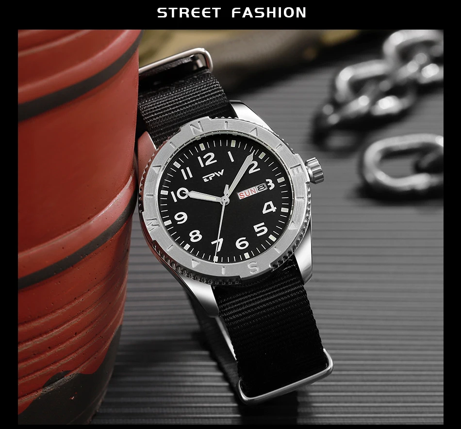 2026 TPW 40mm Field Watch - Easy Reading Fabric Strap Quartz Movement with Luminous Rotating Bezel Date & Day Functions