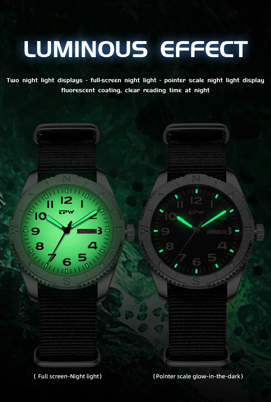2026 TPW 40mm Field Watch - Easy Reading Fabric Strap Quartz Movement with Luminous Rotating Bezel Date & Day Functions