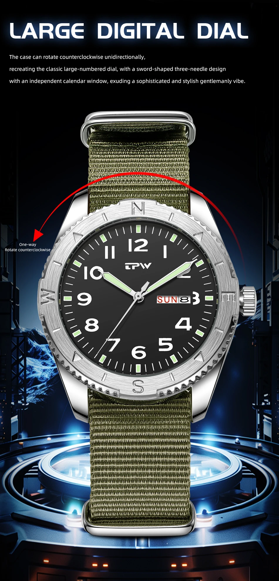 2026 TPW 40mm Field Watch - Easy Reading Fabric Strap Quartz Movement with Luminous Rotating Bezel Date & Day Functions