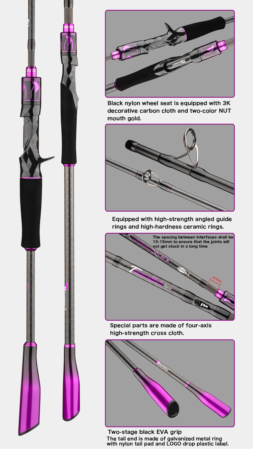 BIUTIFU Traveller+ Spinning Casting Lure Fishing Rod 2.1/2.7/3.3m T1000 Carbon Baitcasting 5-60g Length Adjustable With Tube Bag
