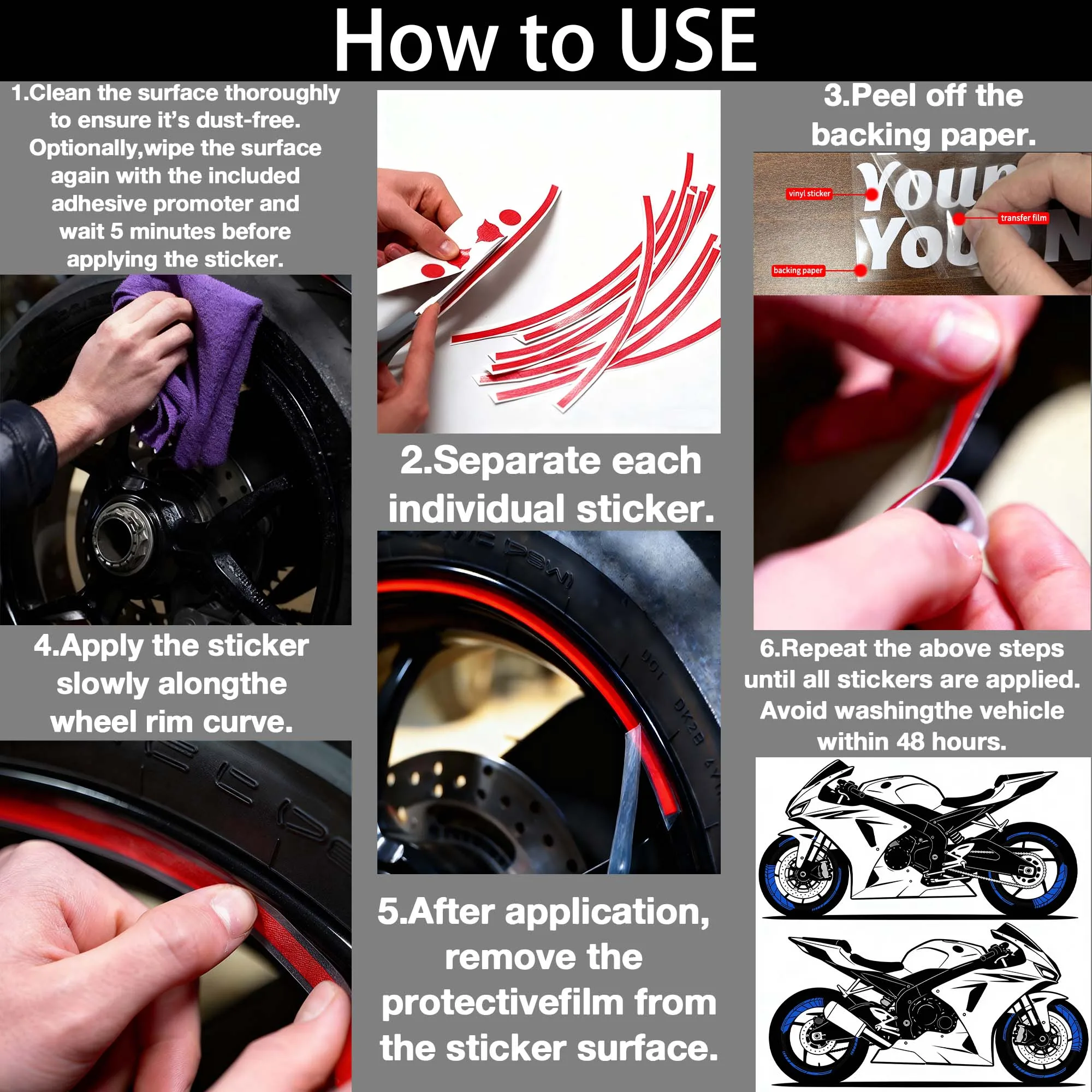 16PCS/1Set Racing Stripes 15-19 Inch Motorcycle Wheel Stickers Waterproof Rim Vinyl Decals Modified Scooter Decoration