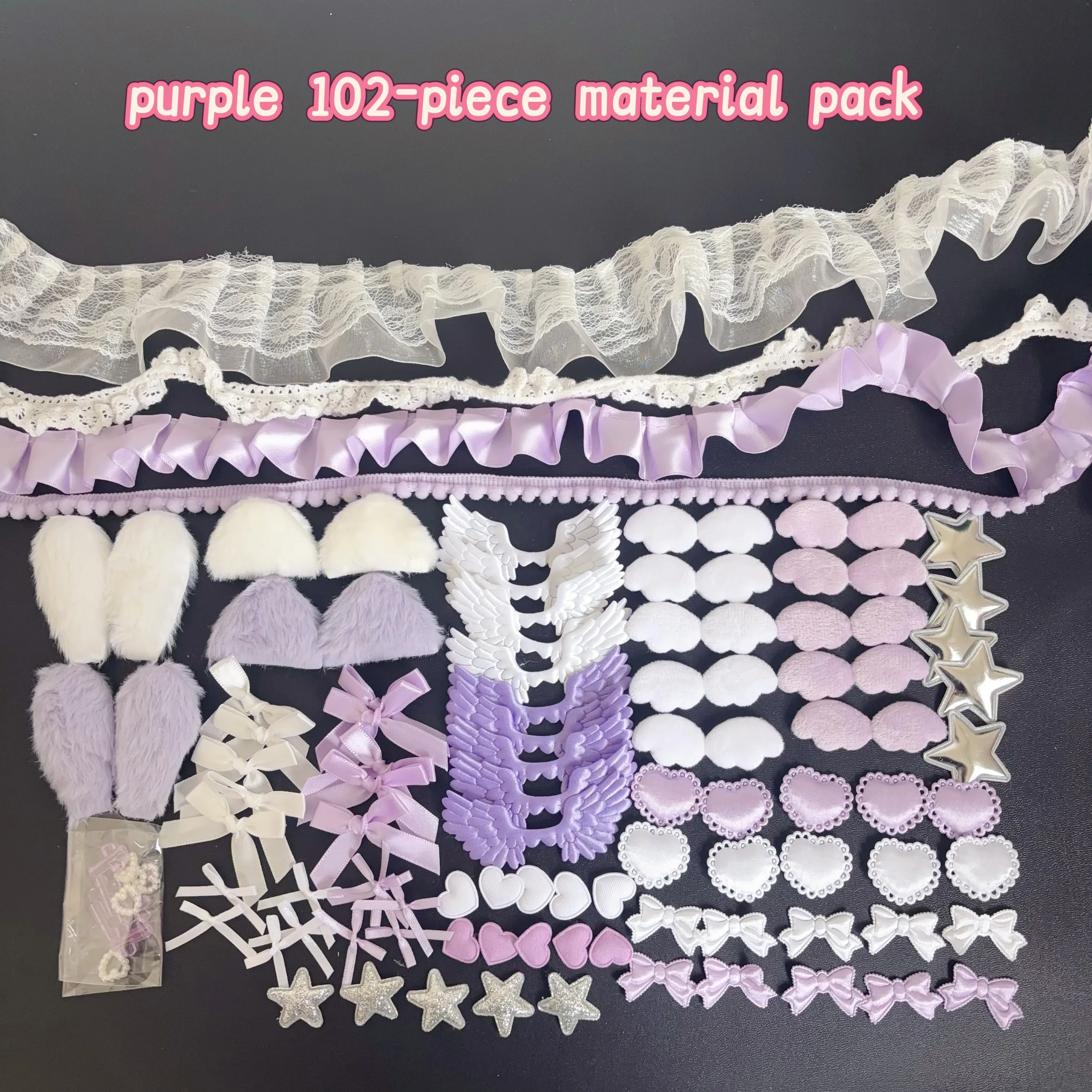 102 Pieces of Ribbon Lace Trim Handmade Material Kit Combination: Angel Wings, Plush Bunny Ears, Bow, Heart, Five-Pointed Star