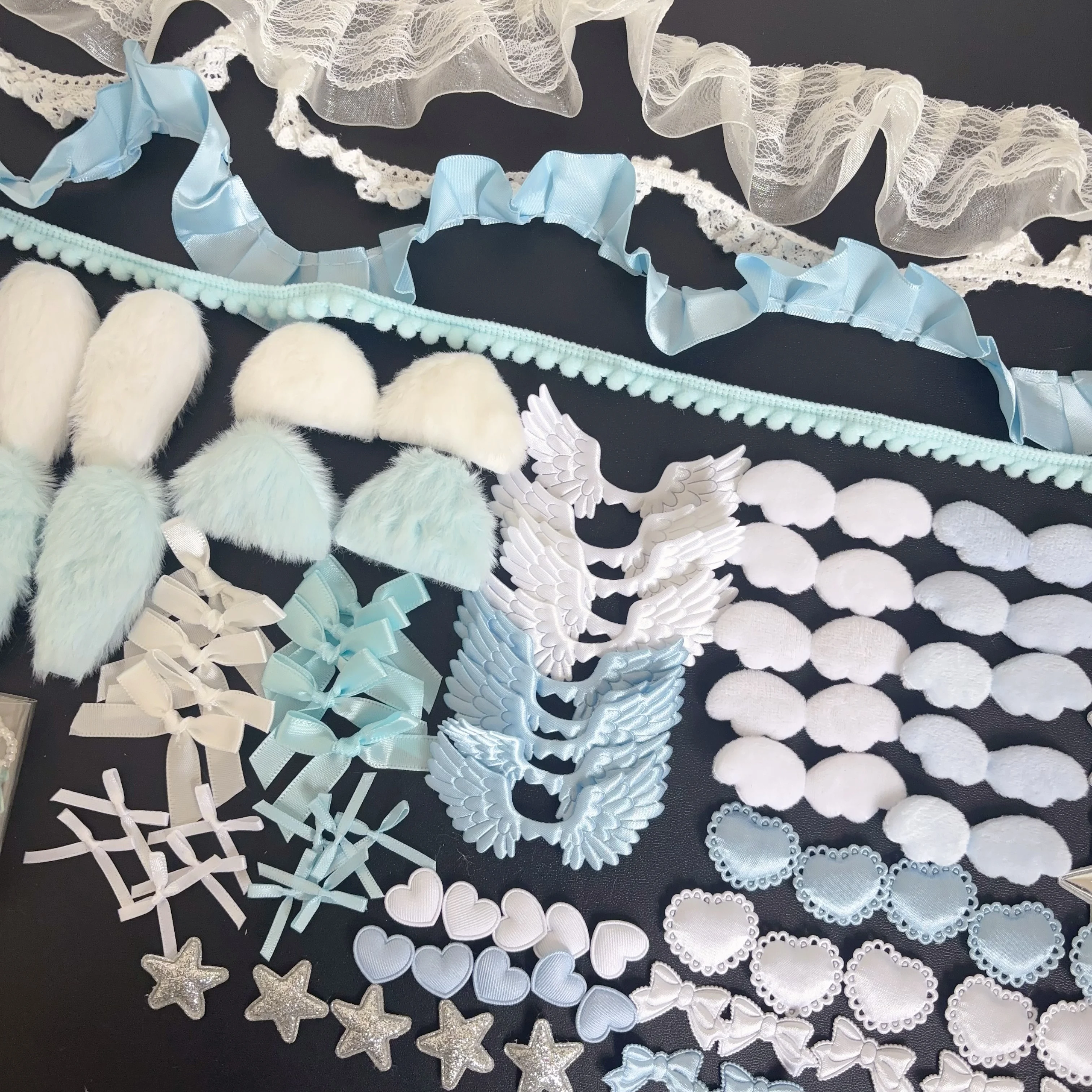 102 Pieces of Ribbon Lace Trim Handmade Material Kit Combination: Angel Wings, Plush Bunny Ears, Bow, Heart, Five-Pointed Star