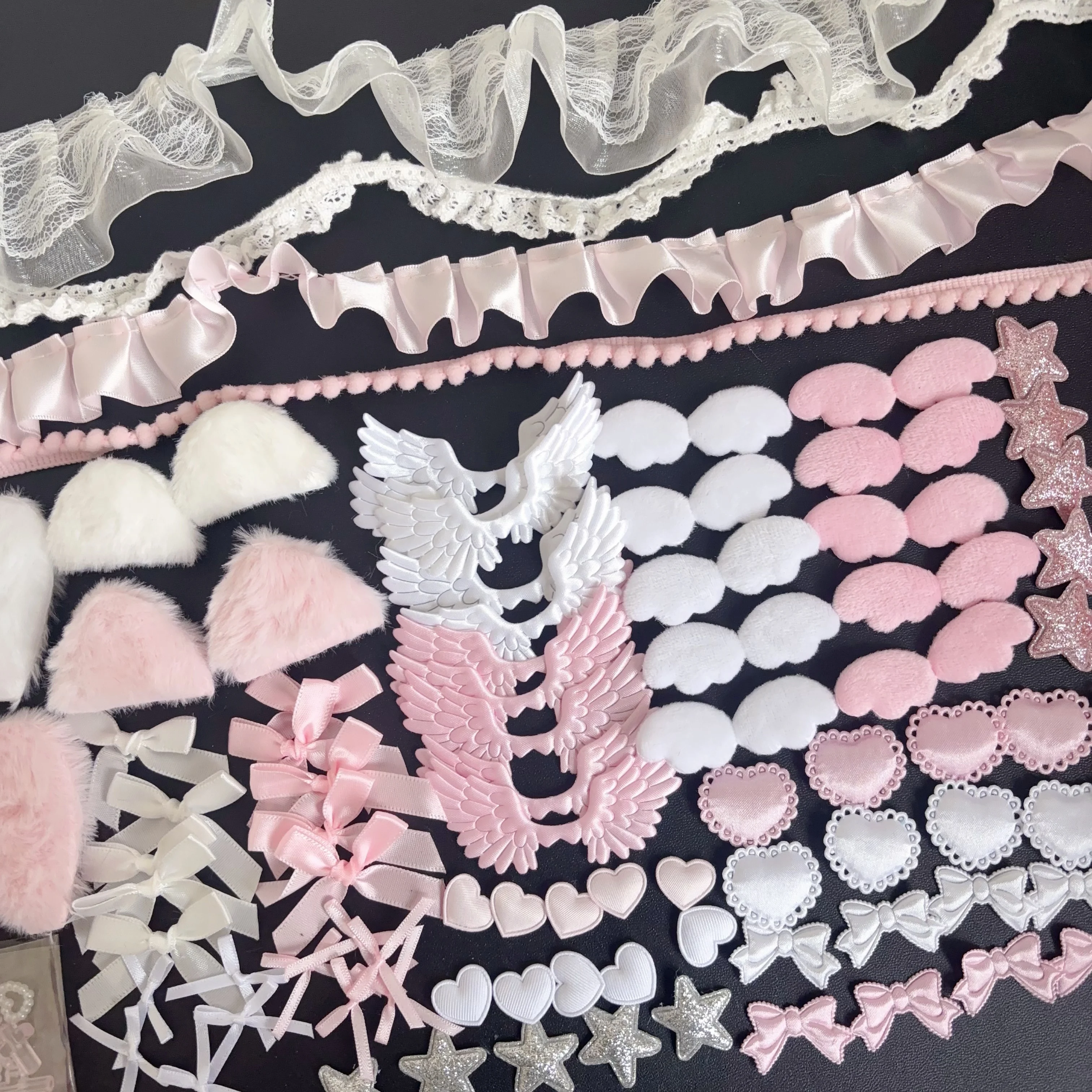 102 Pieces of Ribbon Lace Trim Handmade Material Kit Combination: Angel Wings, Plush Bunny Ears, Bow, Heart, Five-Pointed Star