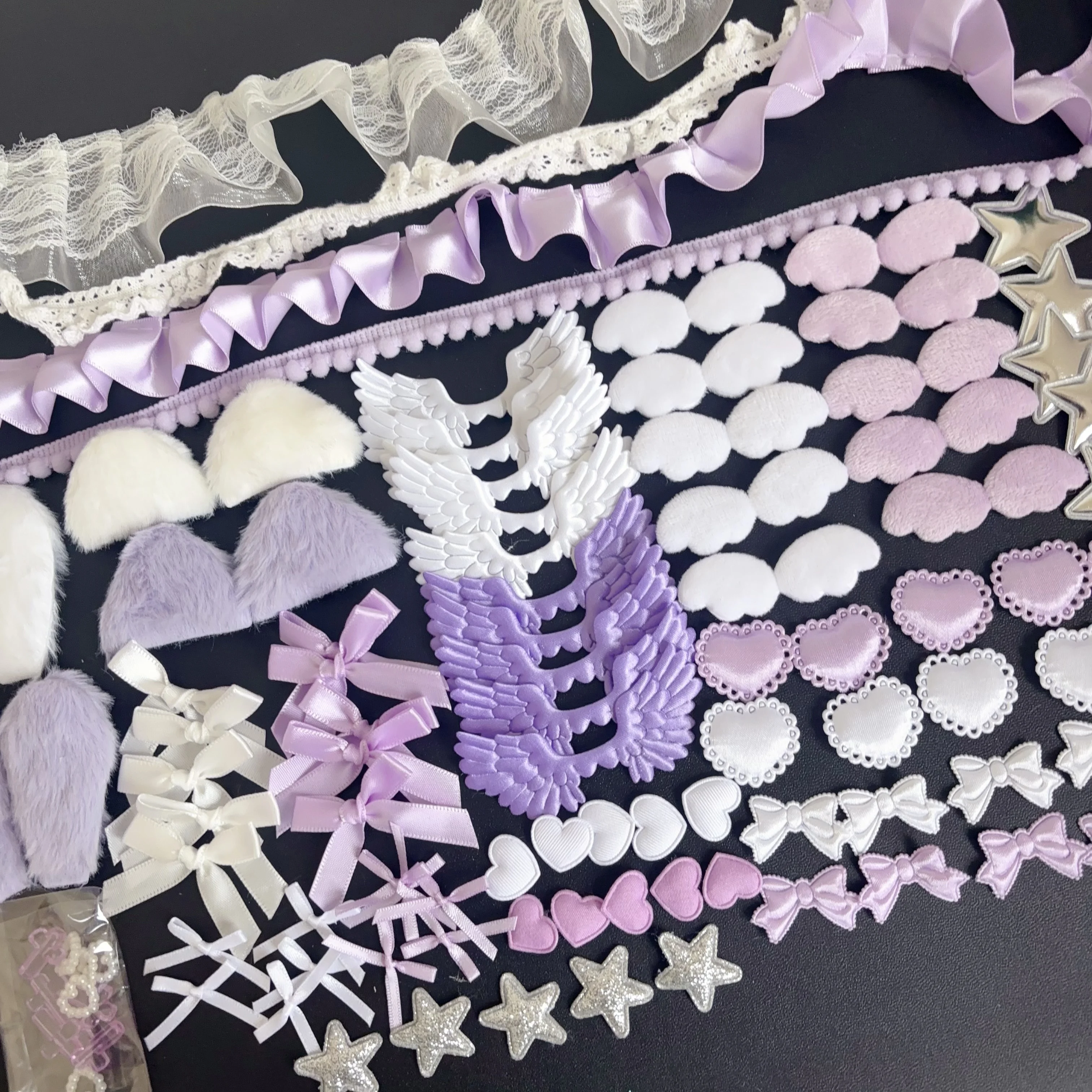 102 Pieces of Ribbon Lace Trim Handmade Material Kit Combination: Angel Wings, Plush Bunny Ears, Bow, Heart, Five-Pointed Star