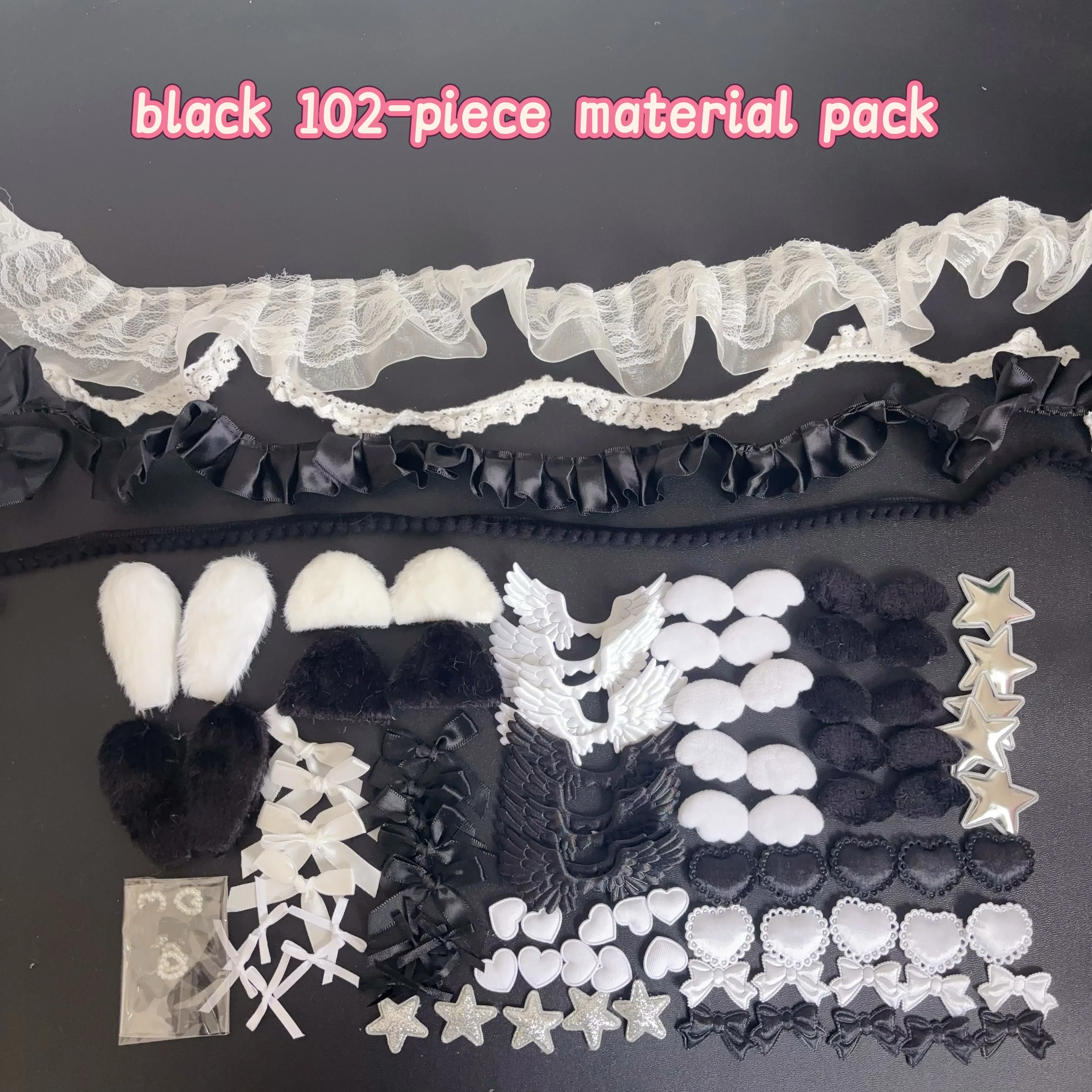 102 Pieces of Ribbon Lace Trim Handmade Material Kit Combination: Angel Wings, Plush Bunny Ears, Bow, Heart, Five-Pointed Star