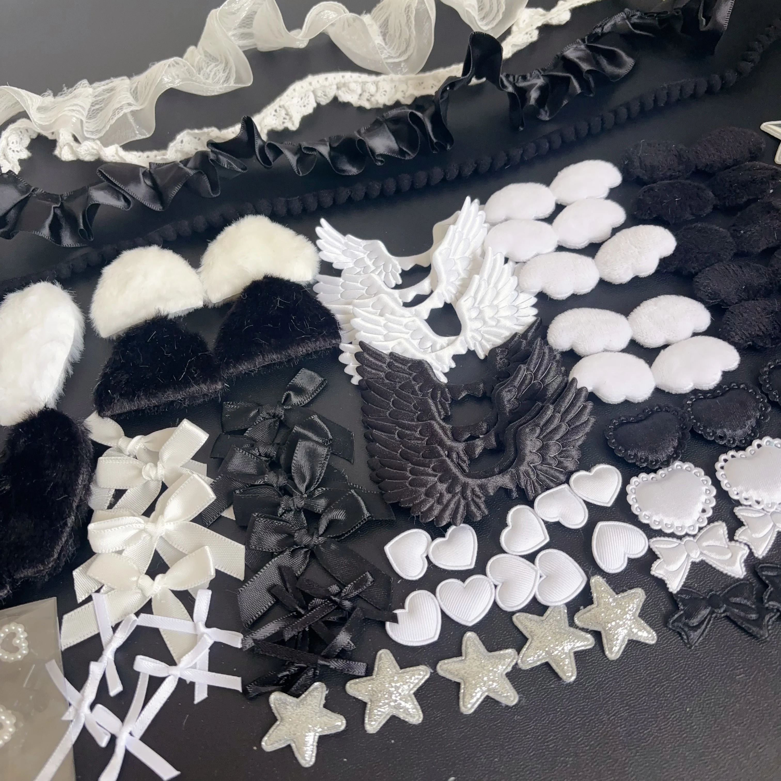 102 Pieces of Ribbon Lace Trim Handmade Material Kit Combination: Angel Wings, Plush Bunny Ears, Bow, Heart, Five-Pointed Star