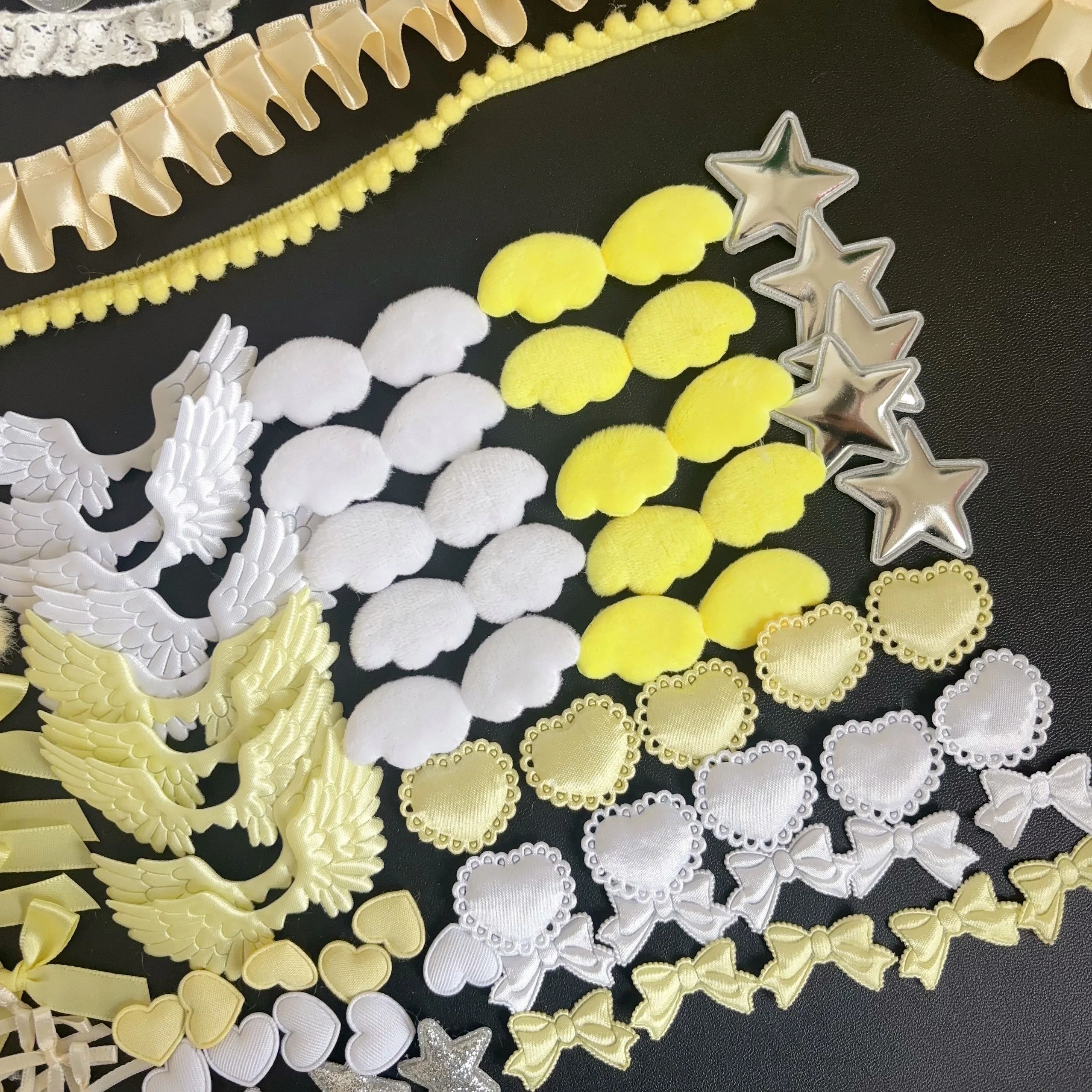 102 Pieces of Ribbon Lace Trim Handmade Material Kit Combination: Angel Wings, Plush Bunny Ears, Bow, Heart, Five-Pointed Star