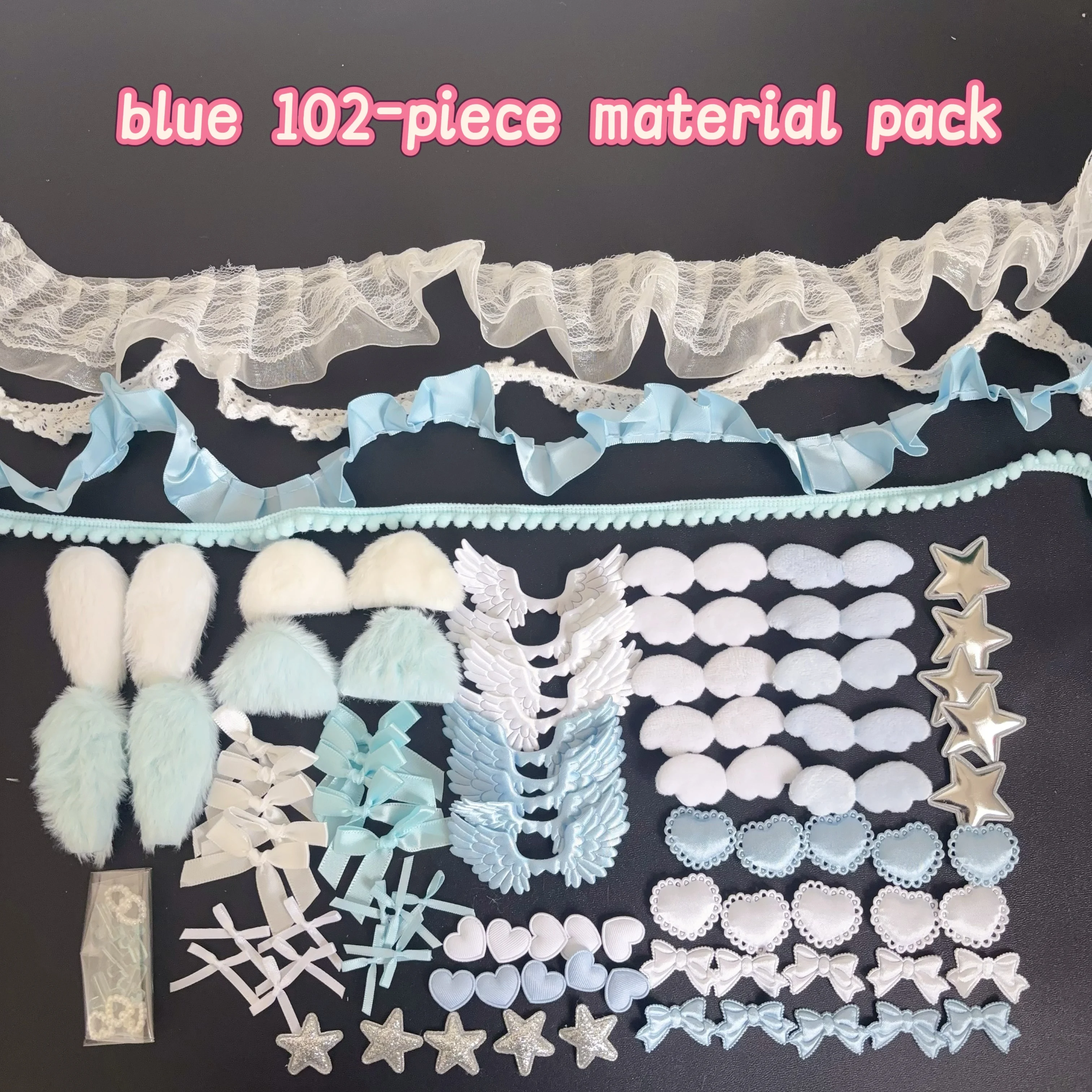 102 Pieces of Ribbon Lace Trim Handmade Material Kit Combination: Angel Wings, Plush Bunny Ears, Bow, Heart, Five-Pointed Star