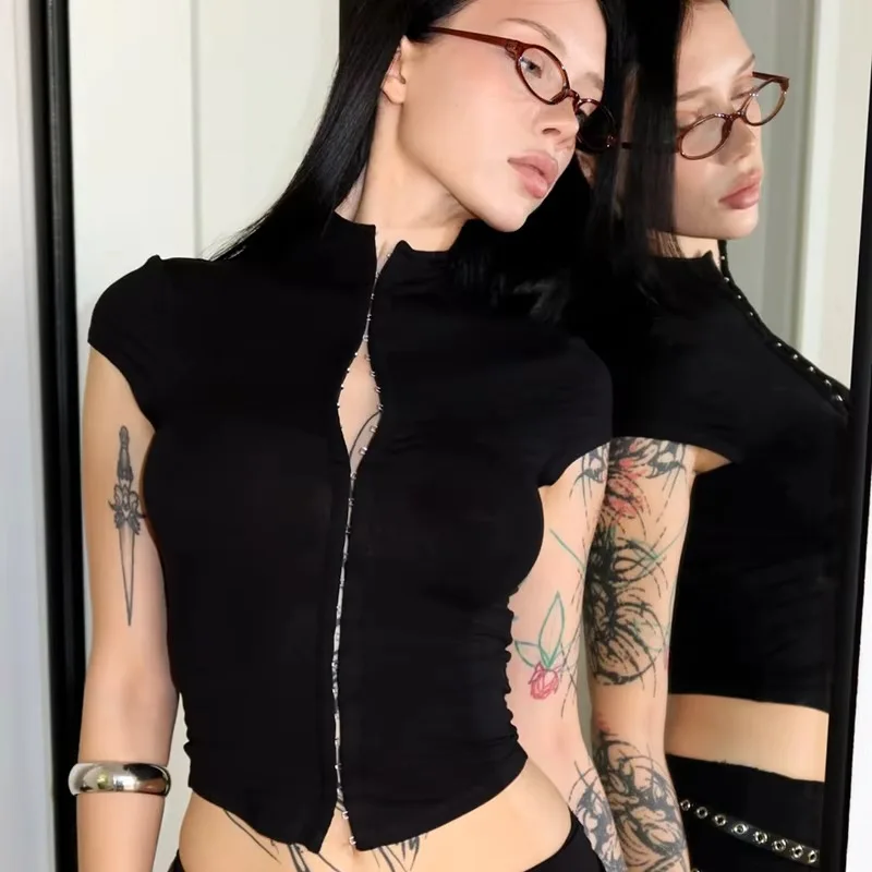 American retro y2k Millennium Spice Girl design sense button slim sexy original perennial solid color top summer new top female