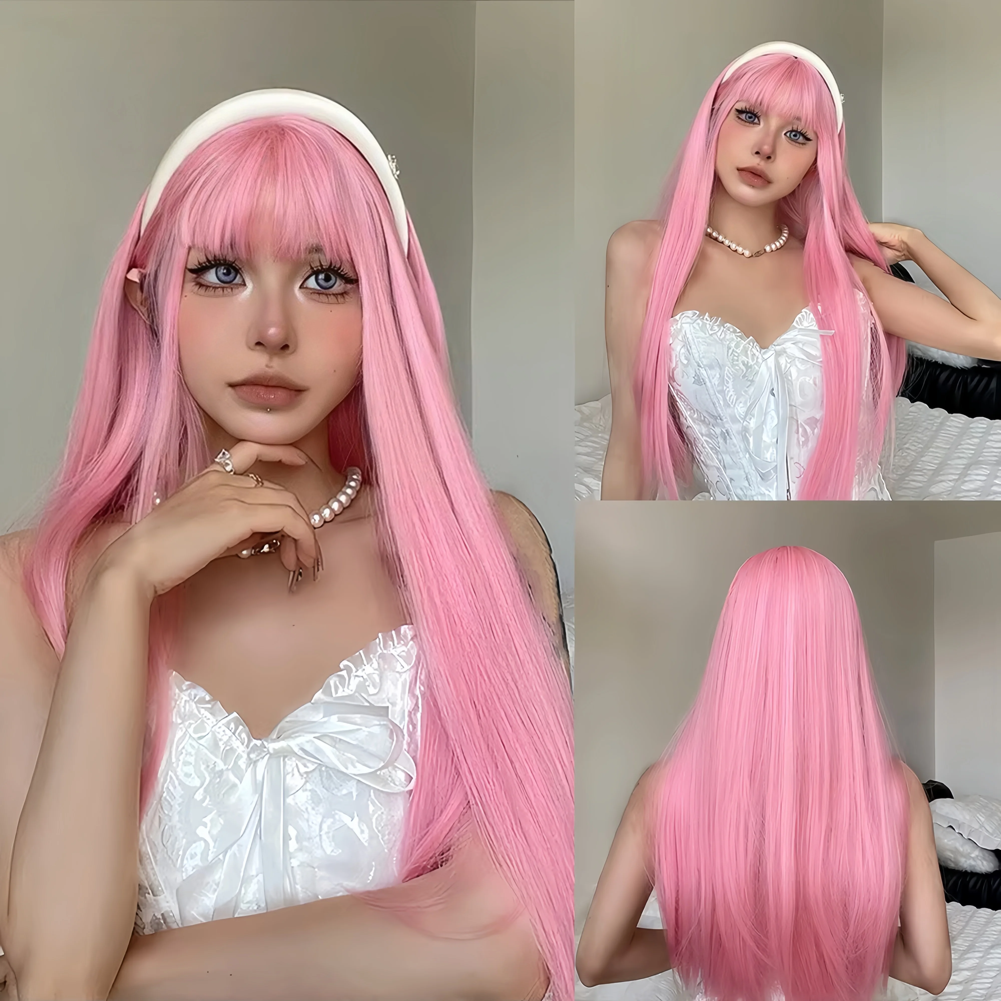 White Long Straight Synthetic Wigs for Women Colorful Cosplay Party Fake Hair with Bangs White Wig HighTemperature