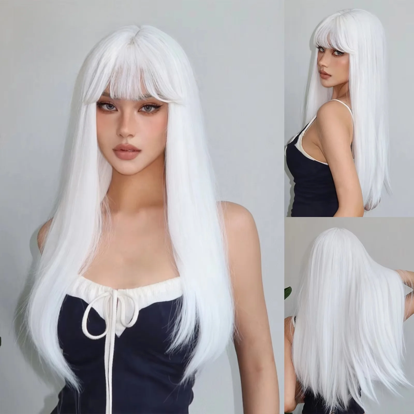 White Long Straight Synthetic Wigs for Women Colorful Cosplay Party Fake Hair with Bangs White Wig HighTemperature