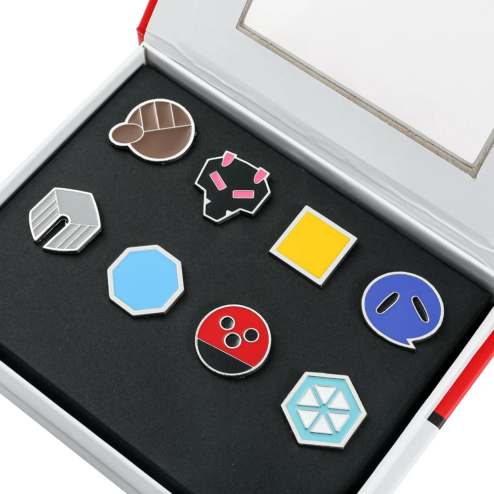 Gym Badges Box Set Kanto Johto Hoenn Sinnoh Unova Kalos Orange Islands Pins Brooches Collectible Toys for Gift