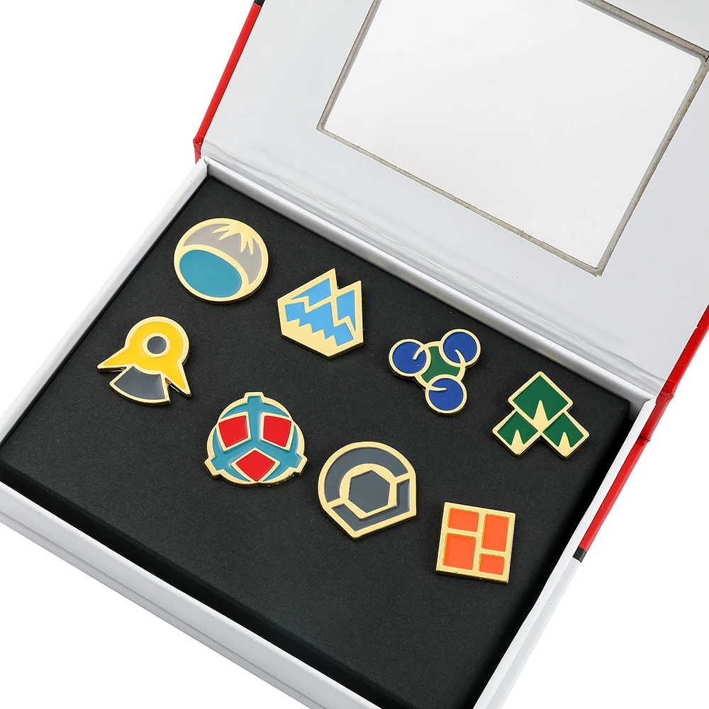 Gym Badges Box Set Kanto Johto Hoenn Sinnoh Unova Kalos Orange Islands Pins Brooches Collectible Toys for Gift