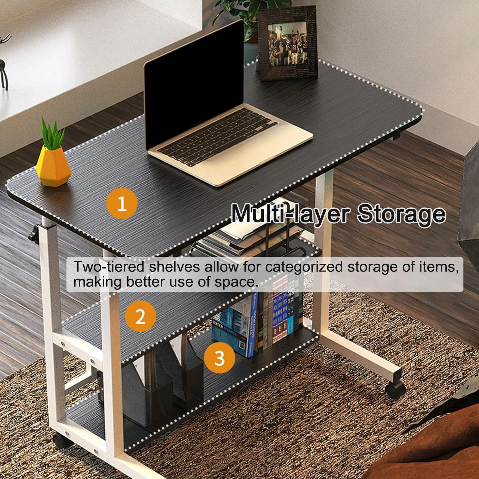 Computer Desk With Storage Shelves Portable Laptop PC Desk Mobile Standing Desk Adjustable Height Rolling Desk Workstation