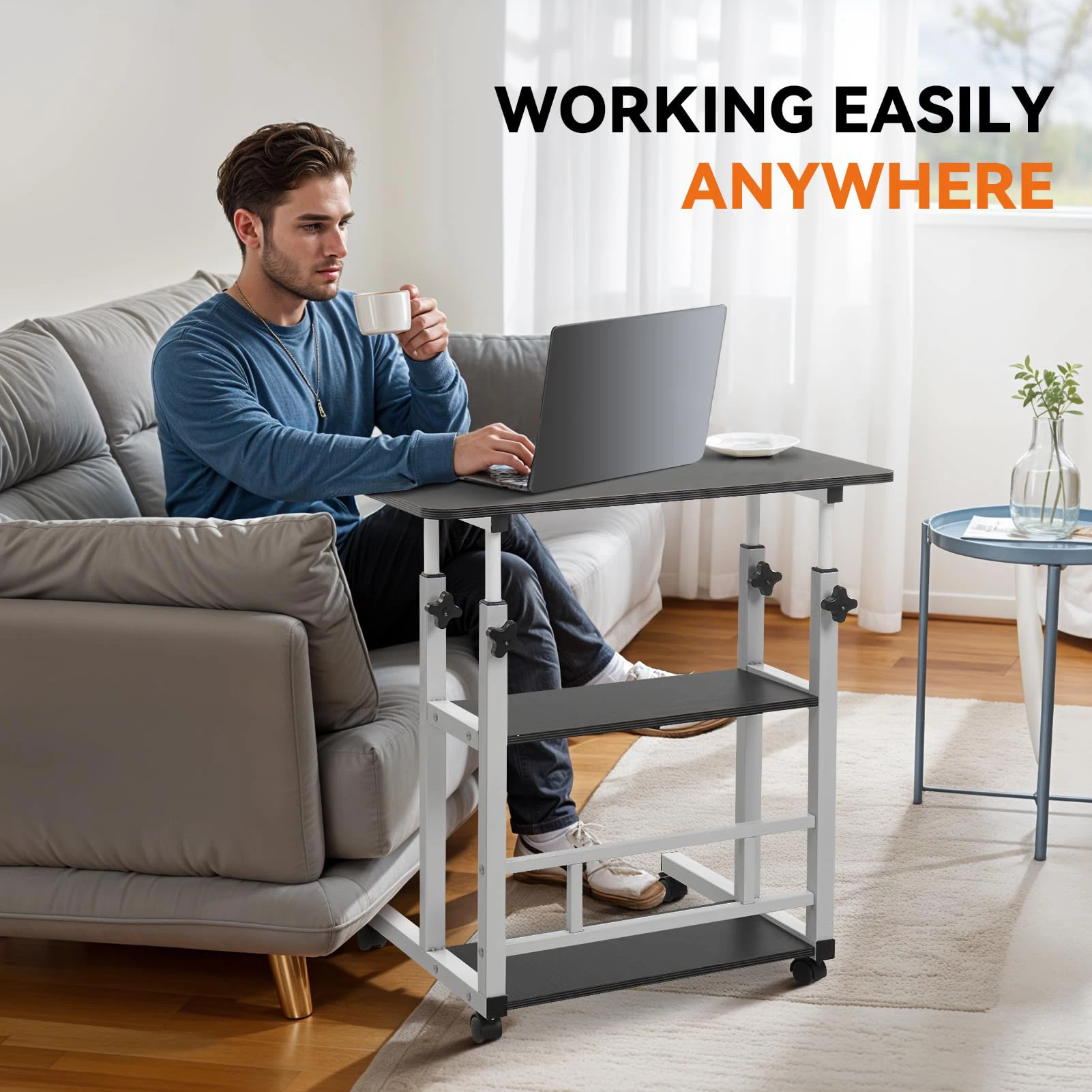 Computer Desk With Storage Shelves Portable Laptop PC Desk Mobile Standing Desk Adjustable Height Rolling Desk Workstation