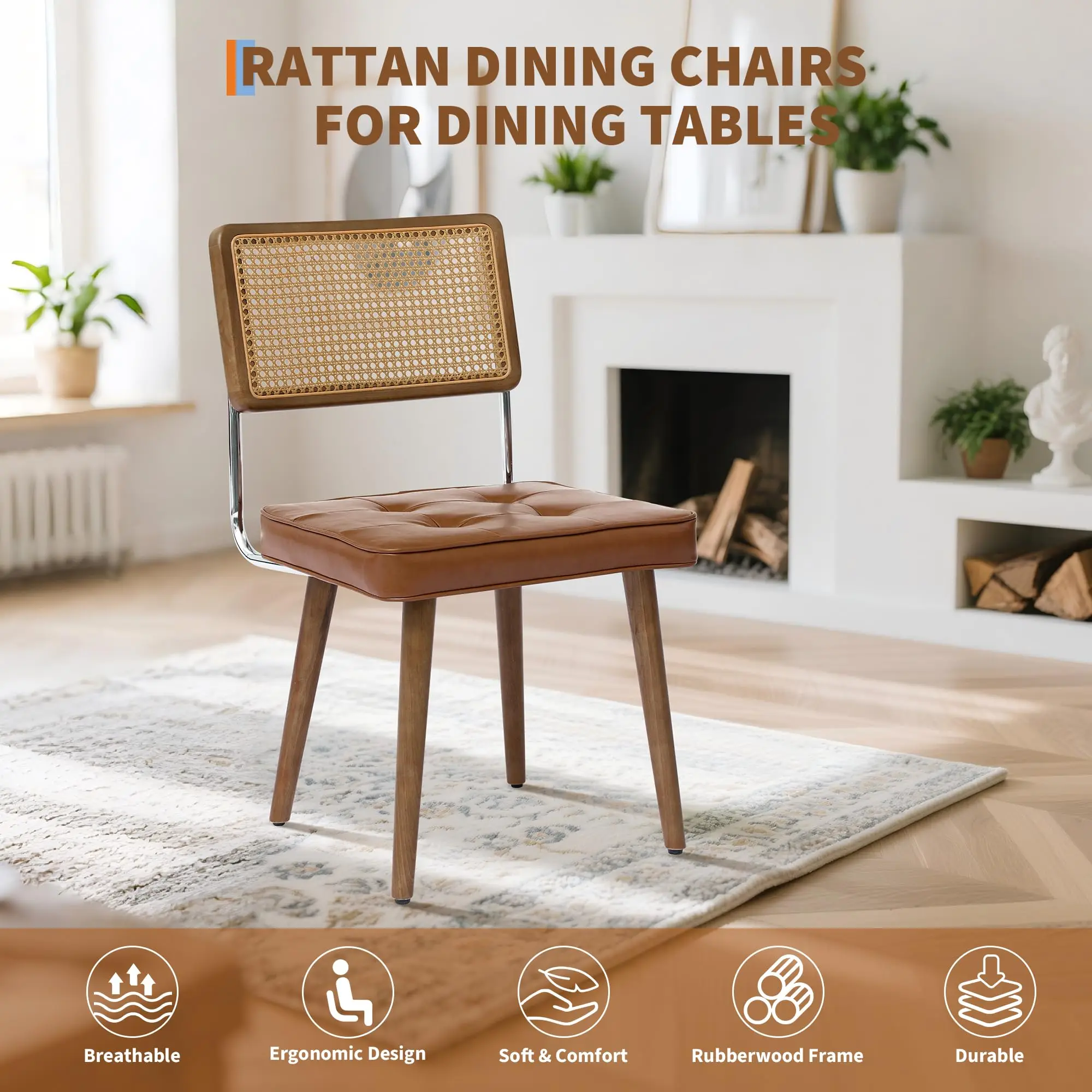 1PCS Rattan Back Dining Chair Upholstered Kitchen Chairs Vintage Chairs for Dining Room Restaurant