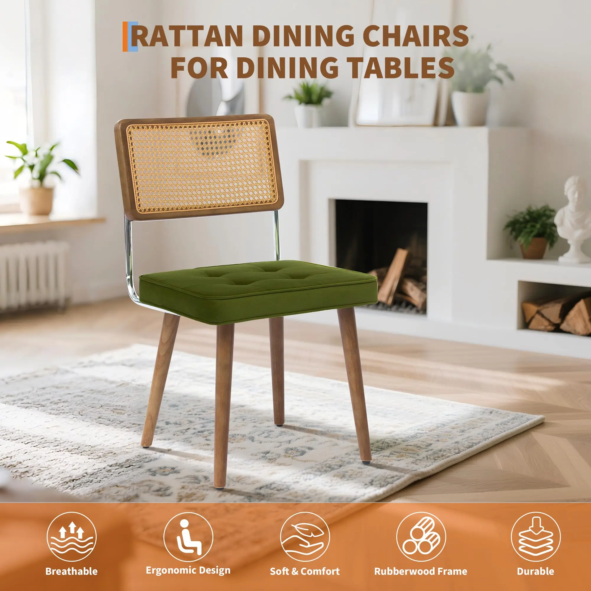 1PCS Rattan Back Dining Chair Upholstered Kitchen Chairs Vintage Chairs for Dining Room Restaurant