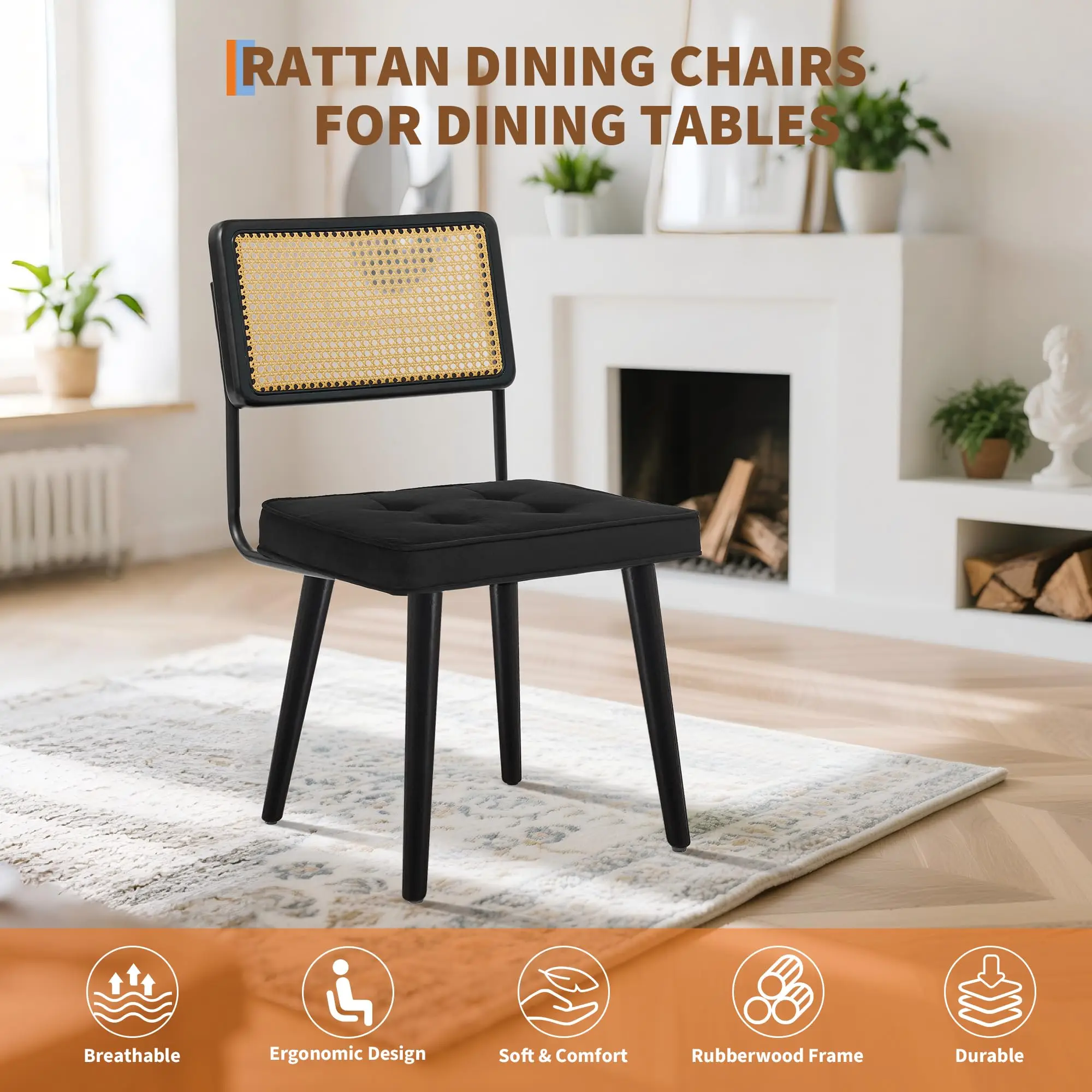 1PCS Rattan Back Dining Chair Upholstered Kitchen Chairs Vintage Chairs for Dining Room Restaurant