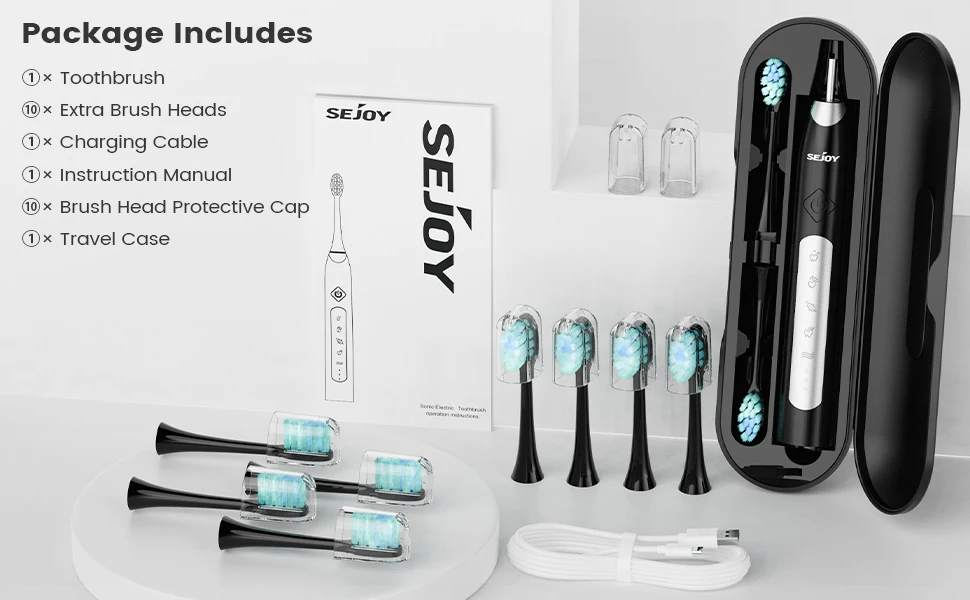 Sejoy Electric Sonic Toothbrush with 10 pcs Replacement Heads 5 Modes USB Rechargeable Waterproof Electric Tooth Brushes