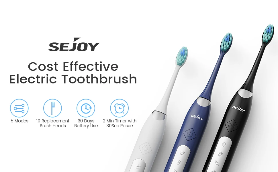 Sejoy Electric Sonic Toothbrush with 10 pcs Replacement Heads 5 Modes USB Rechargeable Waterproof Electric Tooth Brushes