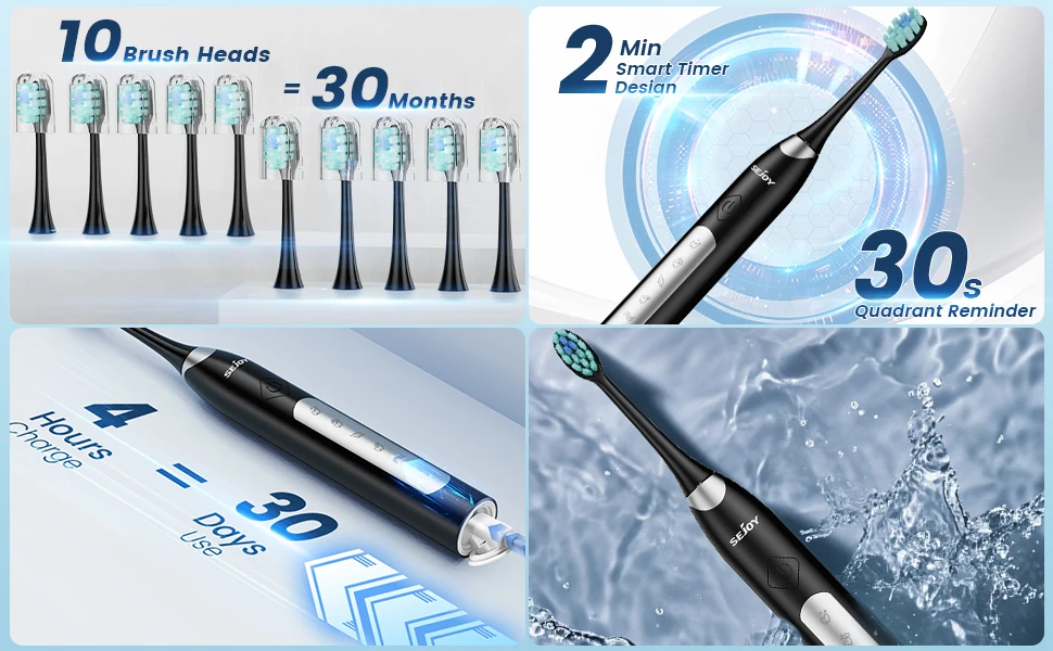 Sejoy Electric Sonic Toothbrush with 10 pcs Replacement Heads 5 Modes USB Rechargeable Waterproof Electric Tooth Brushes