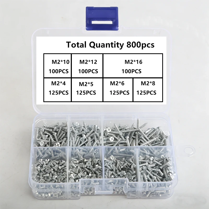 Set of 800 Self-Tapping Wood Screws, M2 Phillips Flat Head Screws for Sheet Metal, Assortment Kit of Self-Screws with Lock Nuts