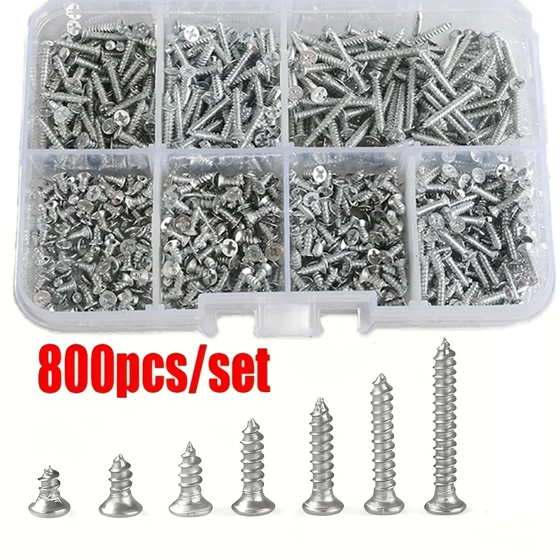 Set of 800 Self-Tapping Wood Screws, M2 Phillips Flat Head Screws for Sheet Metal, Assortment Kit of Self-Screws with Lock Nuts