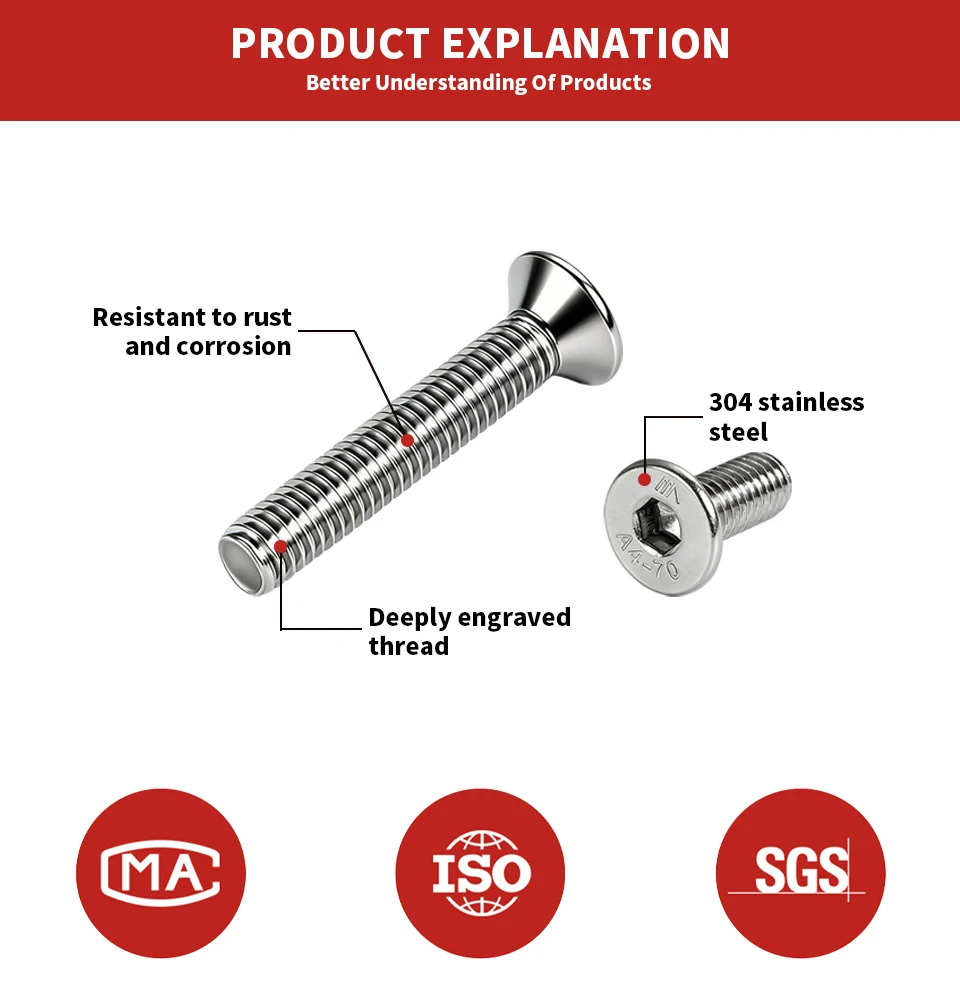 304 Stainless Steel Hexagon Socket Countersunk Head Screw DIN7991 M3 M4 M5 M6 M8 M10 M12 Allen Head Bolt Hardware Fastener