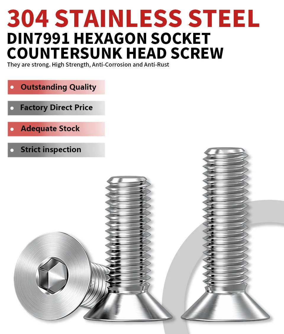 304 Stainless Steel Hexagon Socket Countersunk Head Screw DIN7991 M3 M4 M5 M6 M8 M10 M12 Allen Head Bolt Hardware Fastener