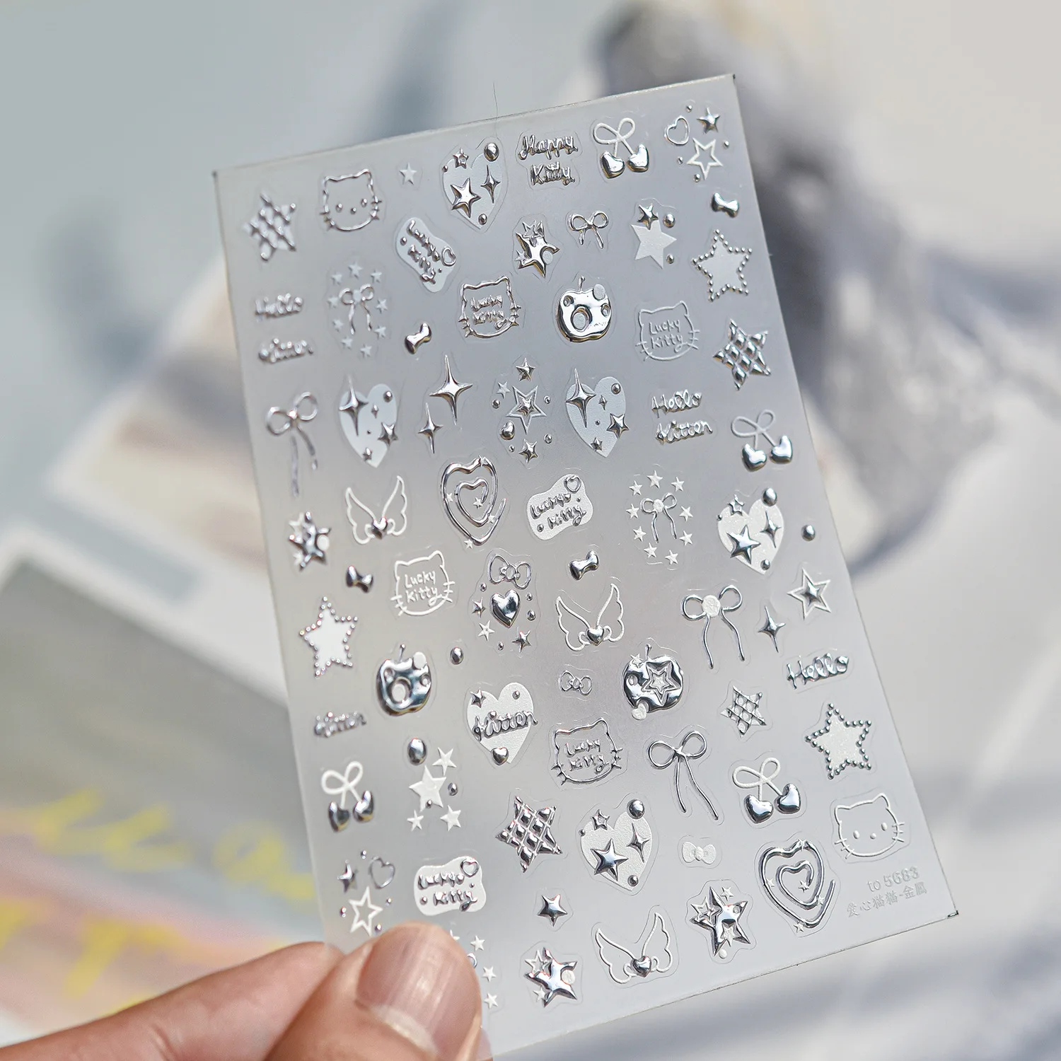 Fashion Silver Metallic Texture Nail Stickers 5D Embossed Stars Bow Love heart Cat Wings Nail Art Stickers DIY nail decoration