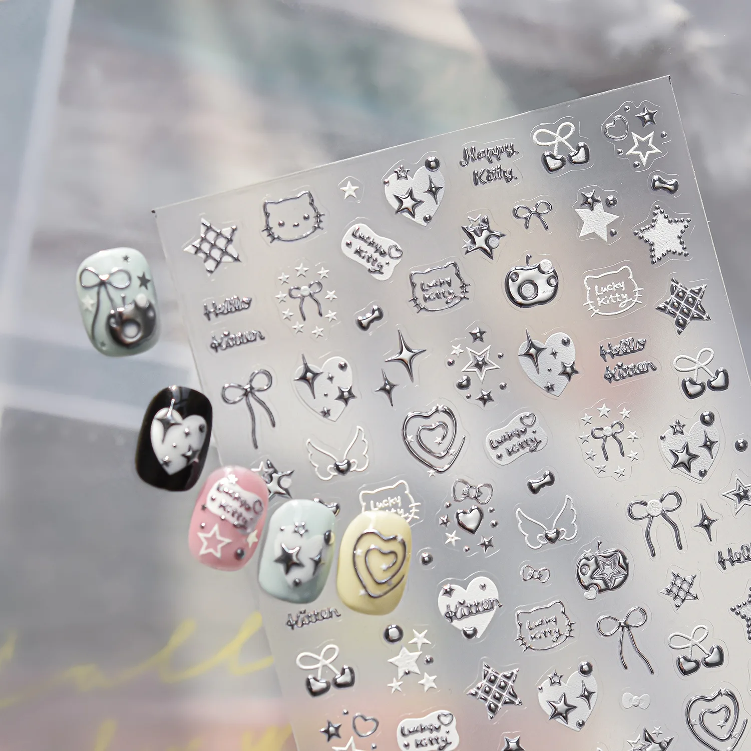 Fashion Silver Metallic Texture Nail Stickers 5D Embossed Stars Bow Love heart Cat Wings Nail Art Stickers DIY nail decoration