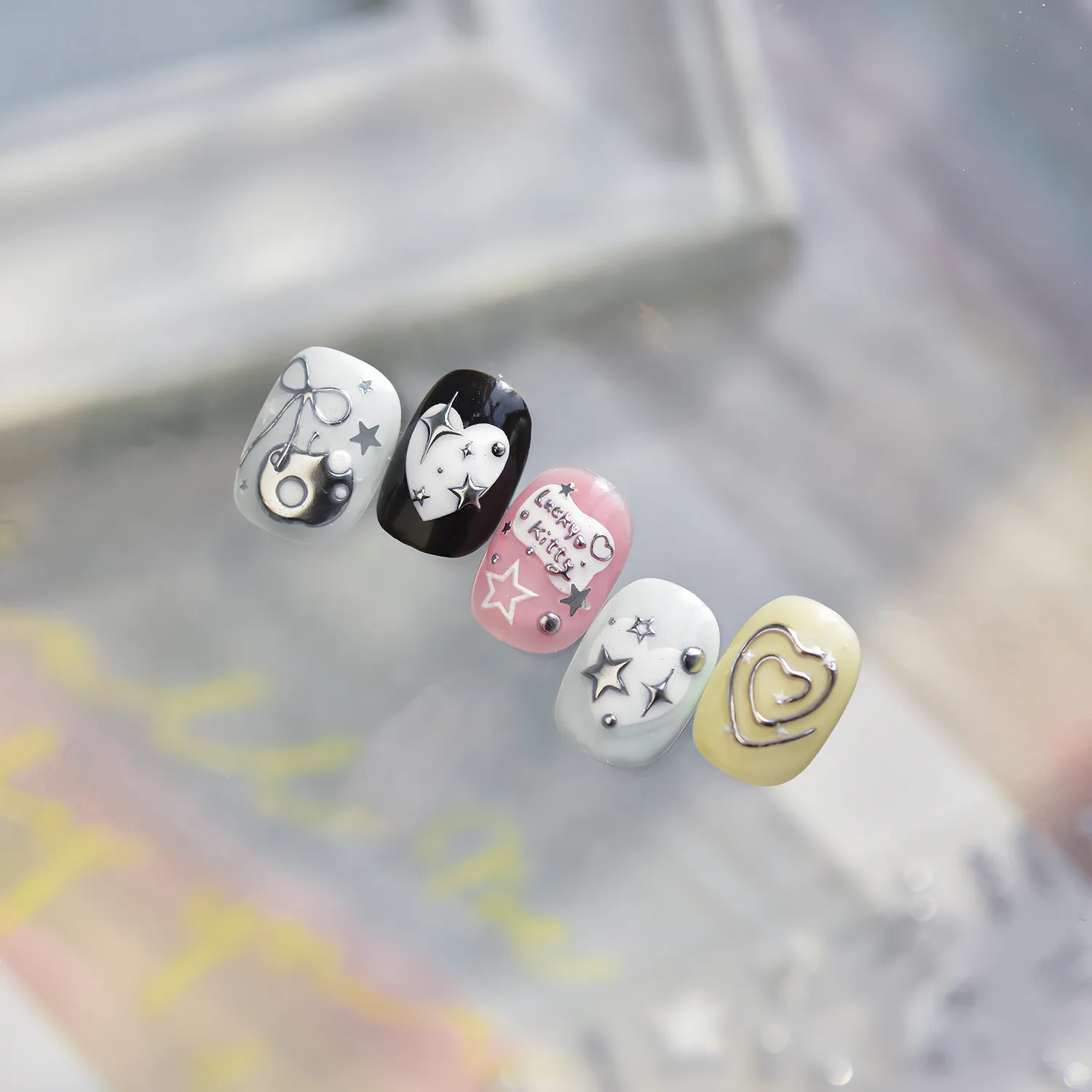 Fashion Silver Metallic Texture Nail Stickers 5D Embossed Stars Bow Love heart Cat Wings Nail Art Stickers DIY nail decoration