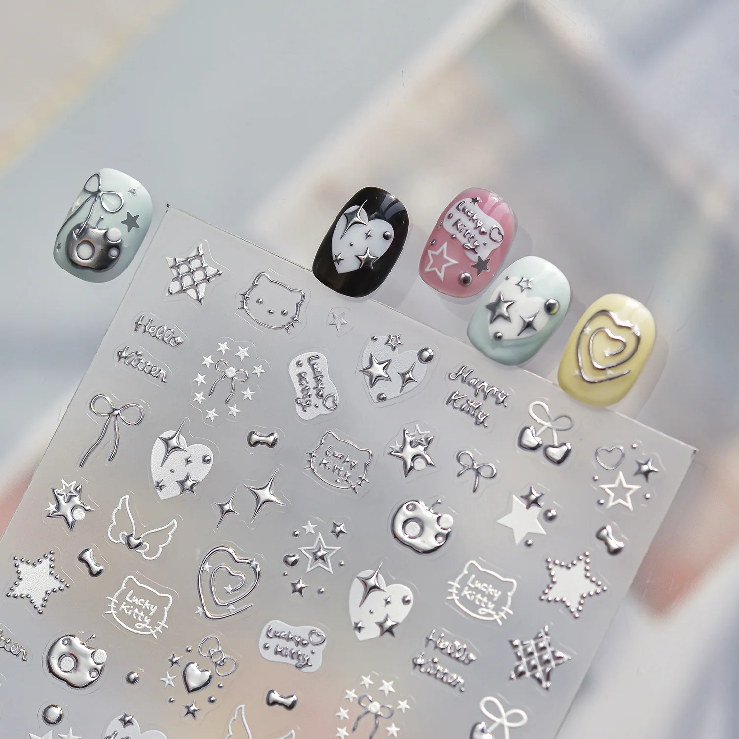 Fashion Silver Metallic Texture Nail Stickers 5D Embossed Stars Bow Love heart Cat Wings Nail Art Stickers DIY nail decoration