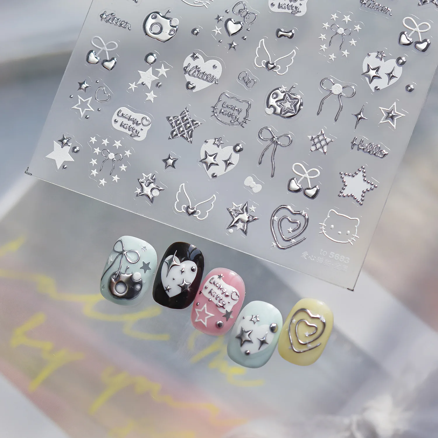 Fashion Silver Metallic Texture Nail Stickers 5D Embossed Stars Bow Love heart Cat Wings Nail Art Stickers DIY nail decoration