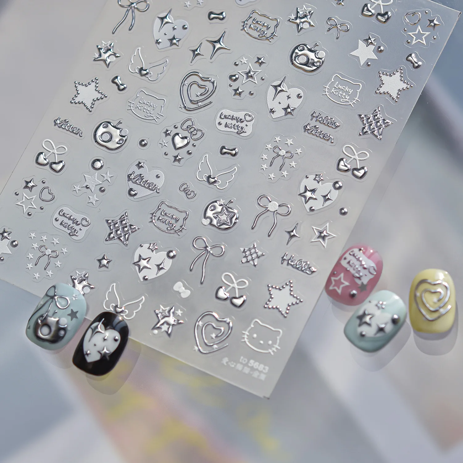 Fashion Silver Metallic Texture Nail Stickers 5D Embossed Stars Bow Love heart Cat Wings Nail Art Stickers DIY nail decoration