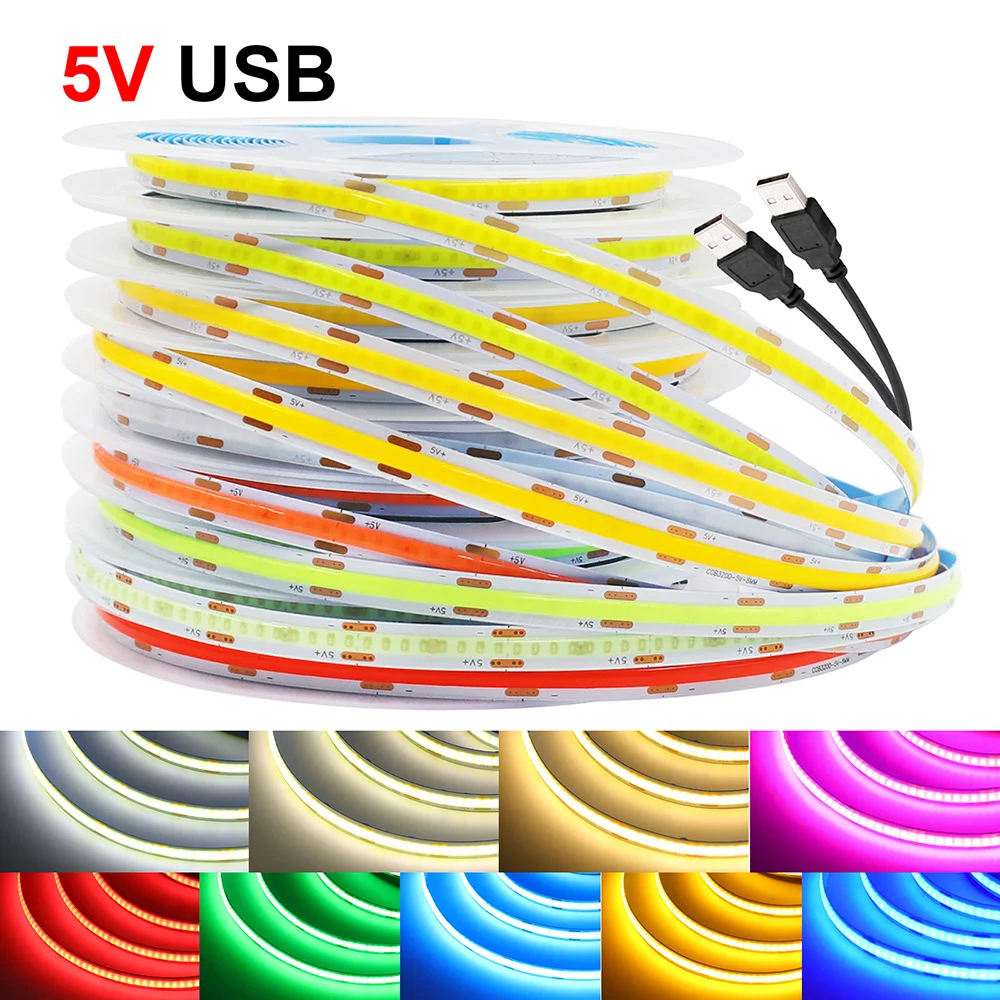 5V USB COB LED Strip Light 320LEDs Ribbon Tape Warm White Red Green Blue Pink Yellow 8mm PCB Flexible Linear Lighting Room Decor