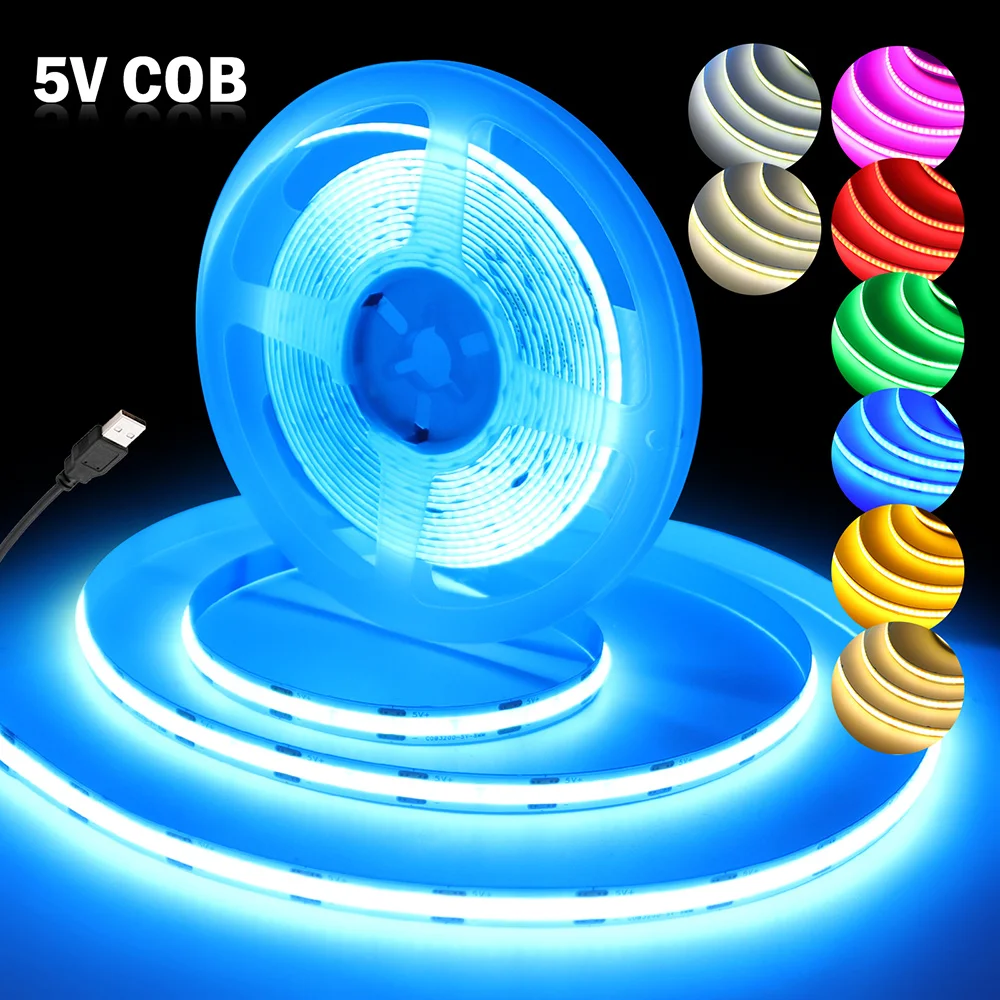 5V USB COB LED Strip Light 320LEDs Ribbon Tape Warm White Red Green Blue Pink Yellow 8mm PCB Flexible Linear Lighting Room Decor