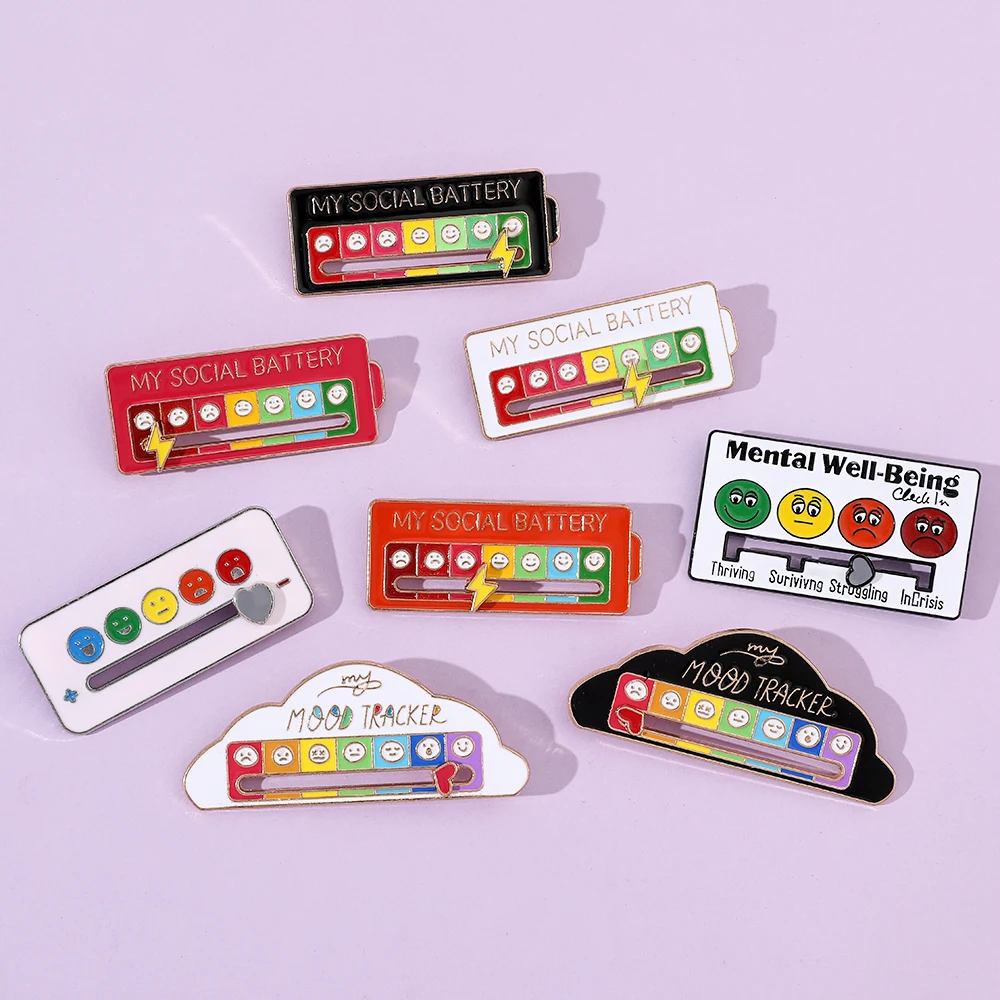 Mood Expression Pins for Women Men My Social Battery Brooches on Clothes Funny Alloy Badge Gifts