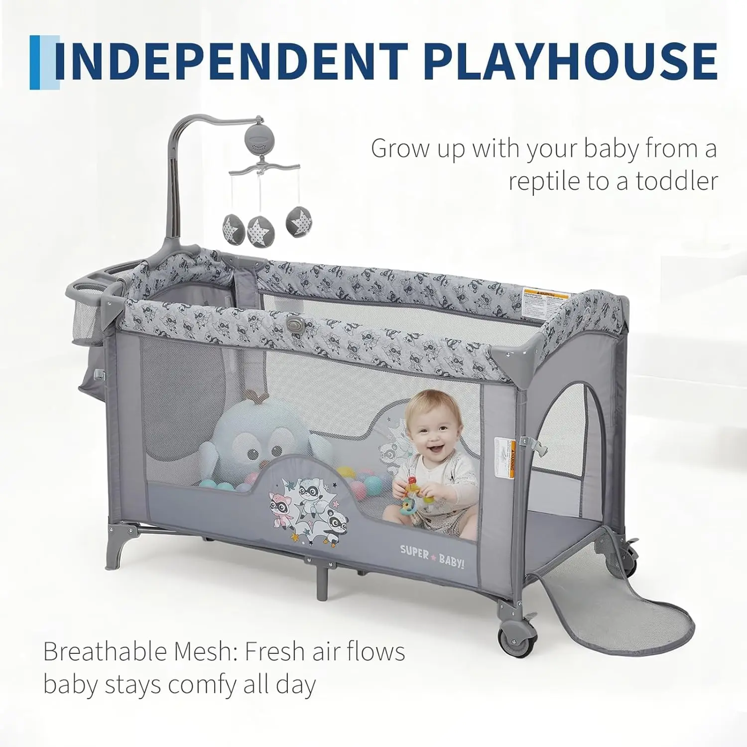 4 in 1 Baby Bassinet, Pack and Play Bedside Crib Sleeper with Changing Table, Locking Wheels, Toy Bar for Newborn to Toddlers