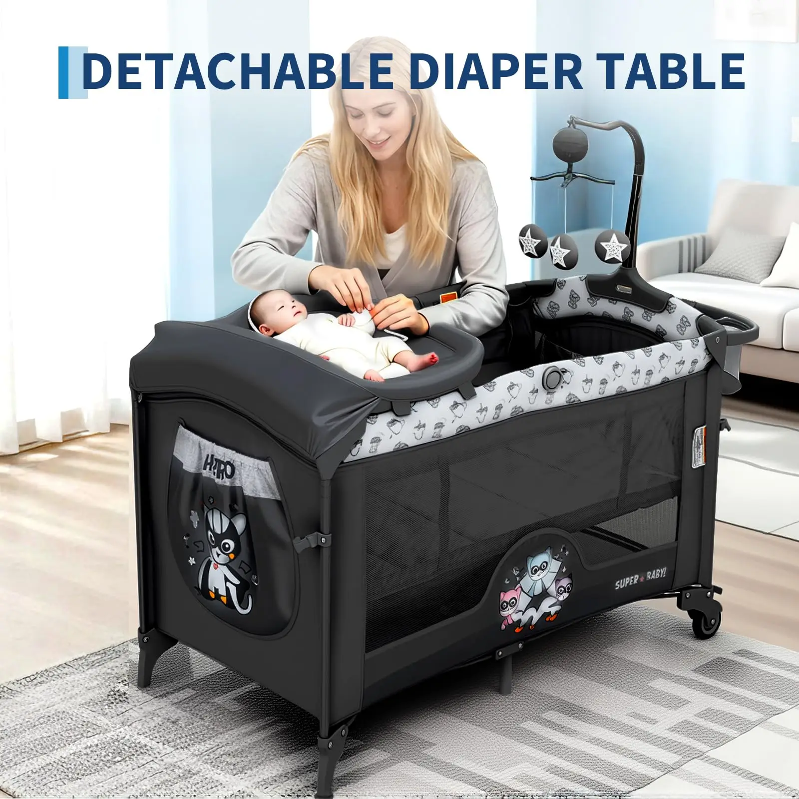 4 in 1 Baby Bassinet, Pack and Play Bedside Crib Sleeper with Changing Table, Locking Wheels, Toy Bar for Newborn to Toddlers