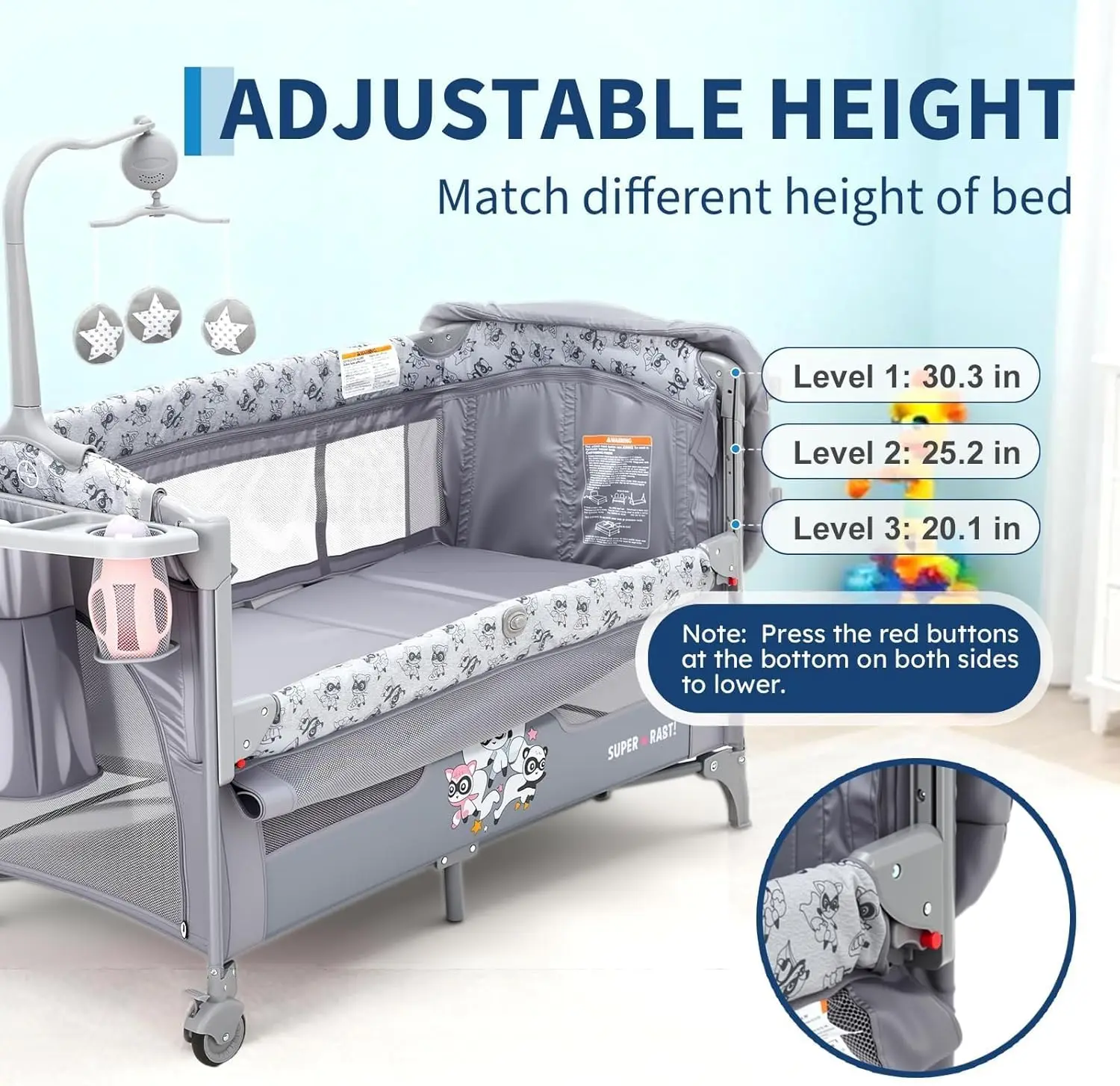 4 in 1 Baby Bassinet, Pack and Play Bedside Crib Sleeper with Changing Table, Locking Wheels, Toy Bar for Newborn to Toddlers