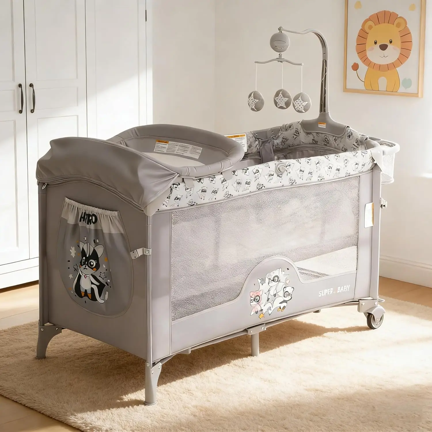 4 in 1 Baby Bassinet, Pack and Play Bedside Crib Sleeper with Changing Table, Locking Wheels, Toy Bar for Newborn to Toddlers