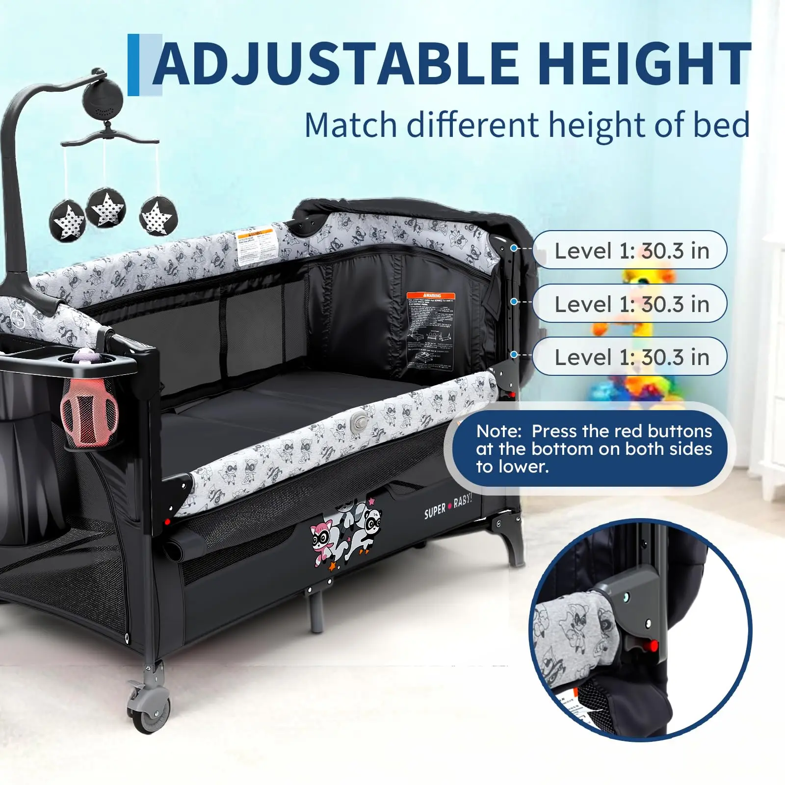 4 in 1 Baby Bassinet, Pack and Play Bedside Crib Sleeper with Changing Table, Locking Wheels, Toy Bar for Newborn to Toddlers