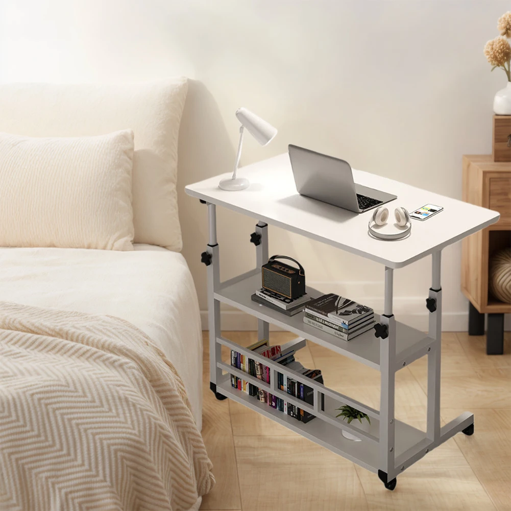 Adjustable Bedside Laptop Desk Multi-Layer Storage Height Adjustable Table with High-Gloss Wood Panel Metal Frame for Home Offic