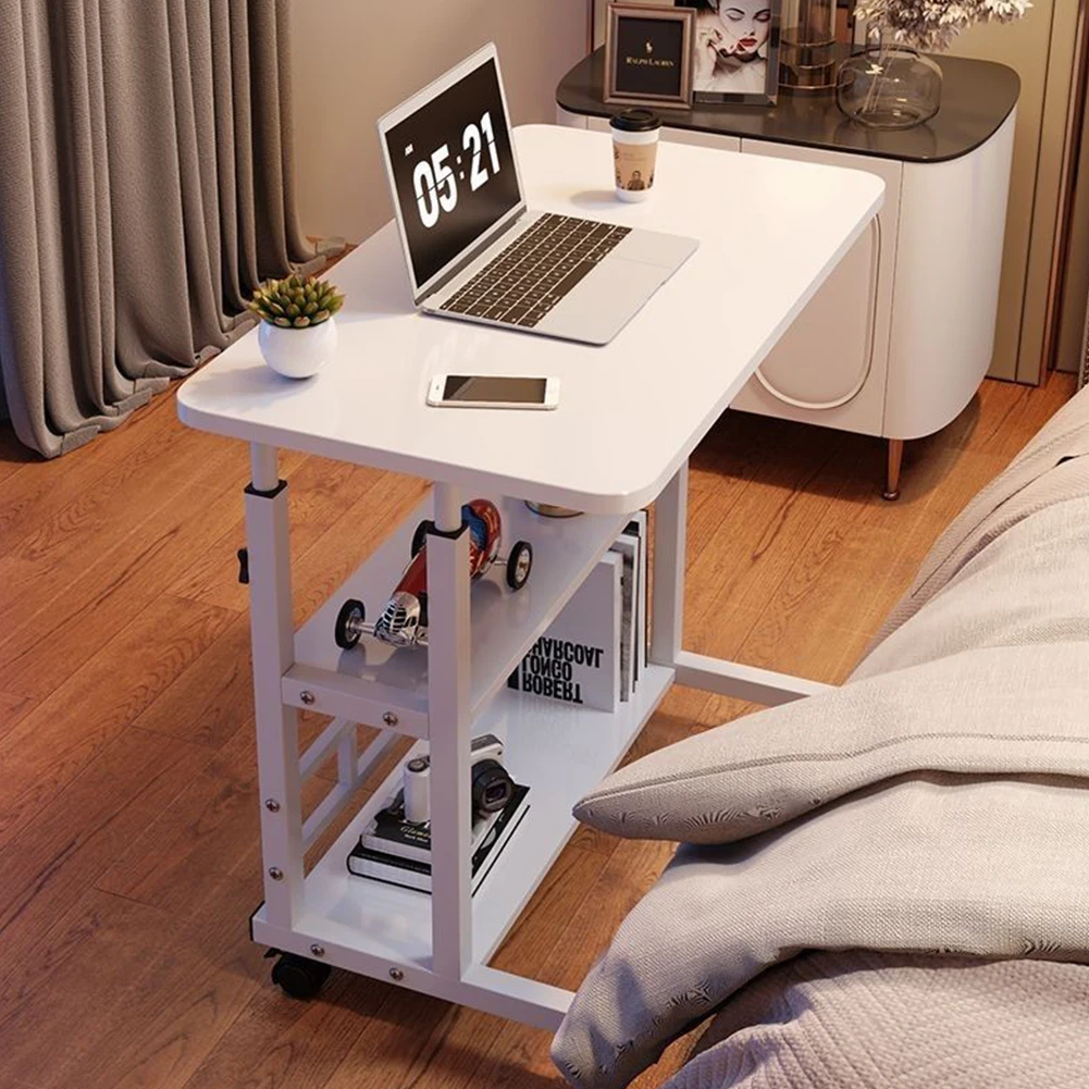 Adjustable Bedside Laptop Desk Multi-Layer Storage Height Adjustable Table with High-Gloss Wood Panel Metal Frame for Home Offic