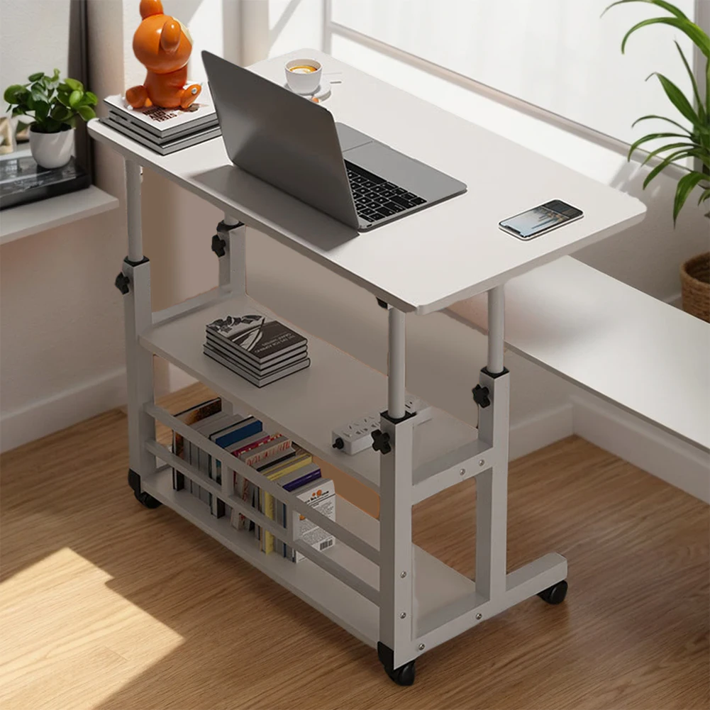 Adjustable Bedside Laptop Desk Multi-Layer Storage Height Adjustable Table with High-Gloss Wood Panel Metal Frame for Home Offic