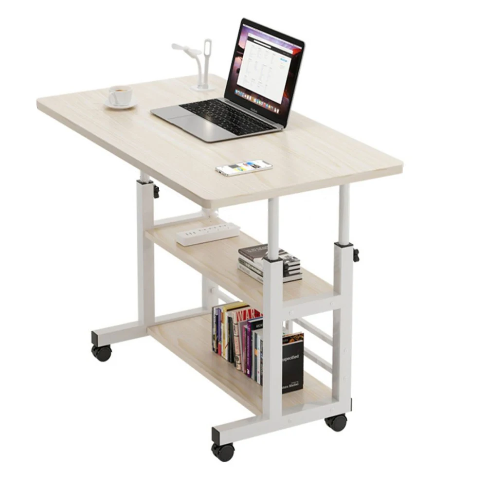 Adjustable Bedside Laptop Desk Multi-Layer Storage Height Adjustable Table with High-Gloss Wood Panel Metal Frame for Home Offic