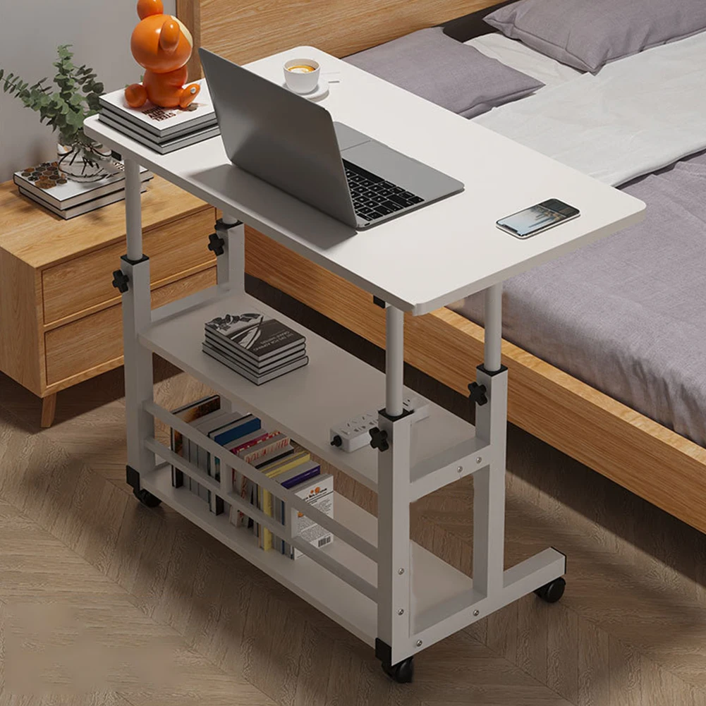 Adjustable Bedside Laptop Desk Multi-Layer Storage Height Adjustable Table with High-Gloss Wood Panel Metal Frame for Home Offic