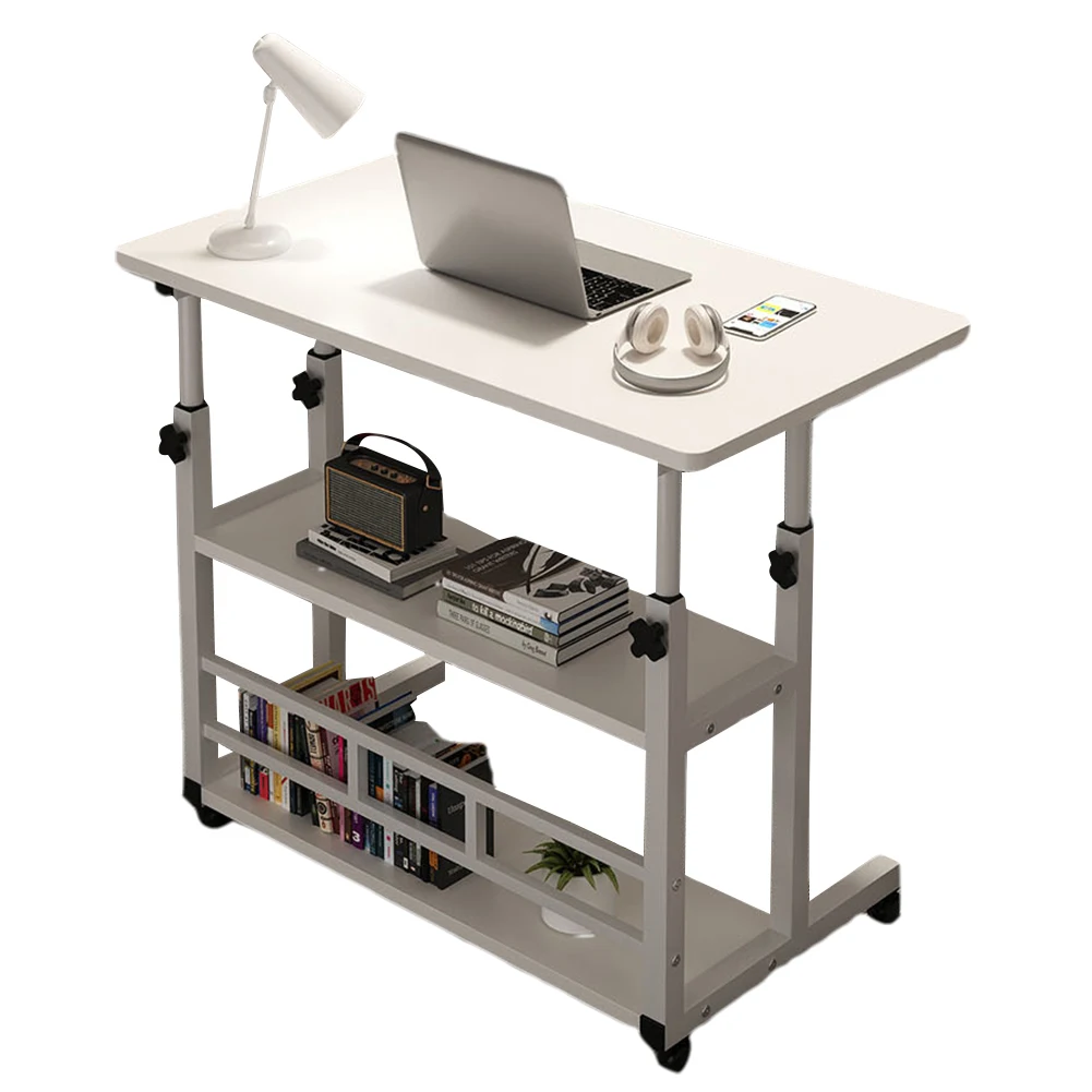 Adjustable Bedside Laptop Desk Multi-Layer Storage Height Adjustable Table with High-Gloss Wood Panel Metal Frame for Home Offic